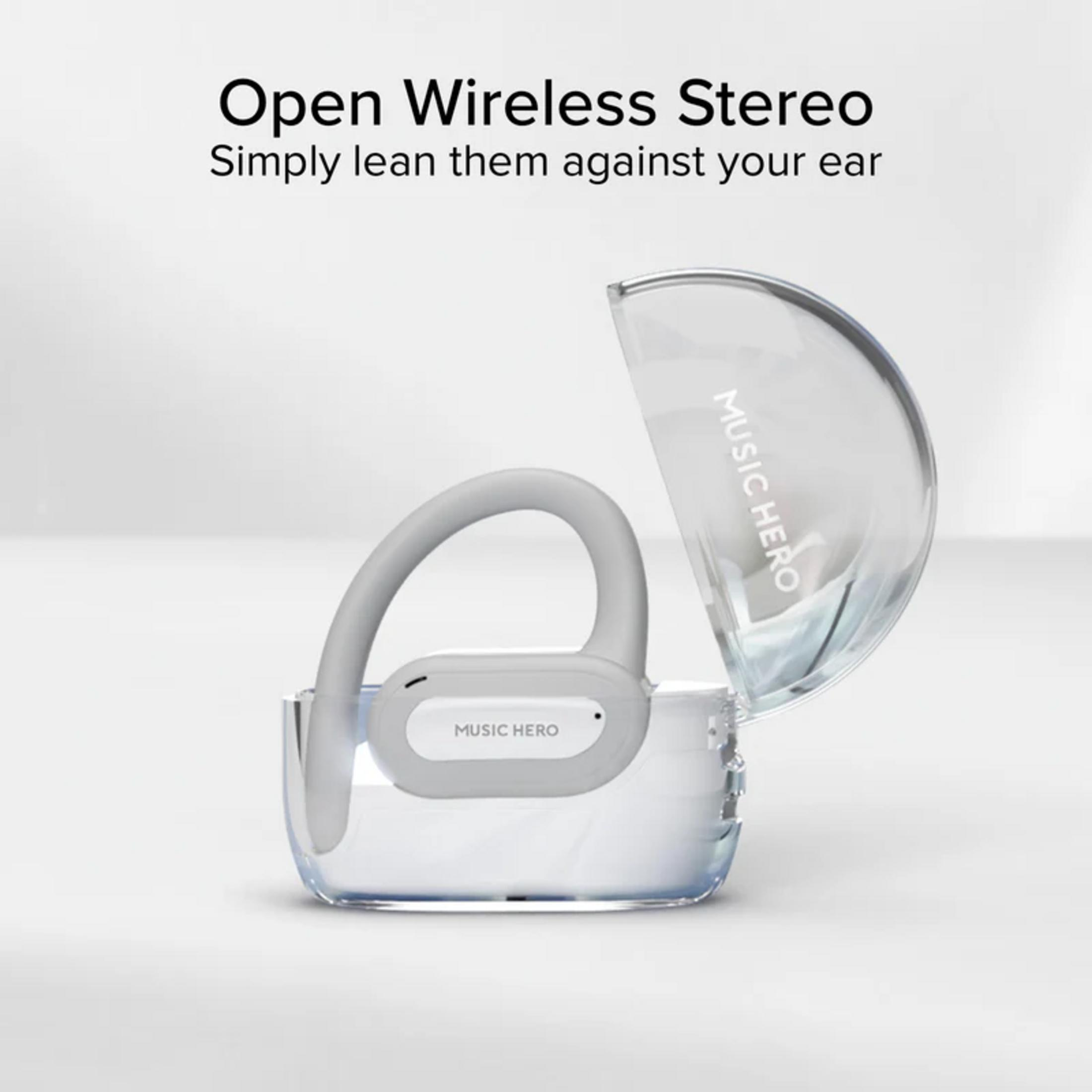 Un auricular gris con diadema y estuche de carga, anunciando sonido estéreo inalámbrico.