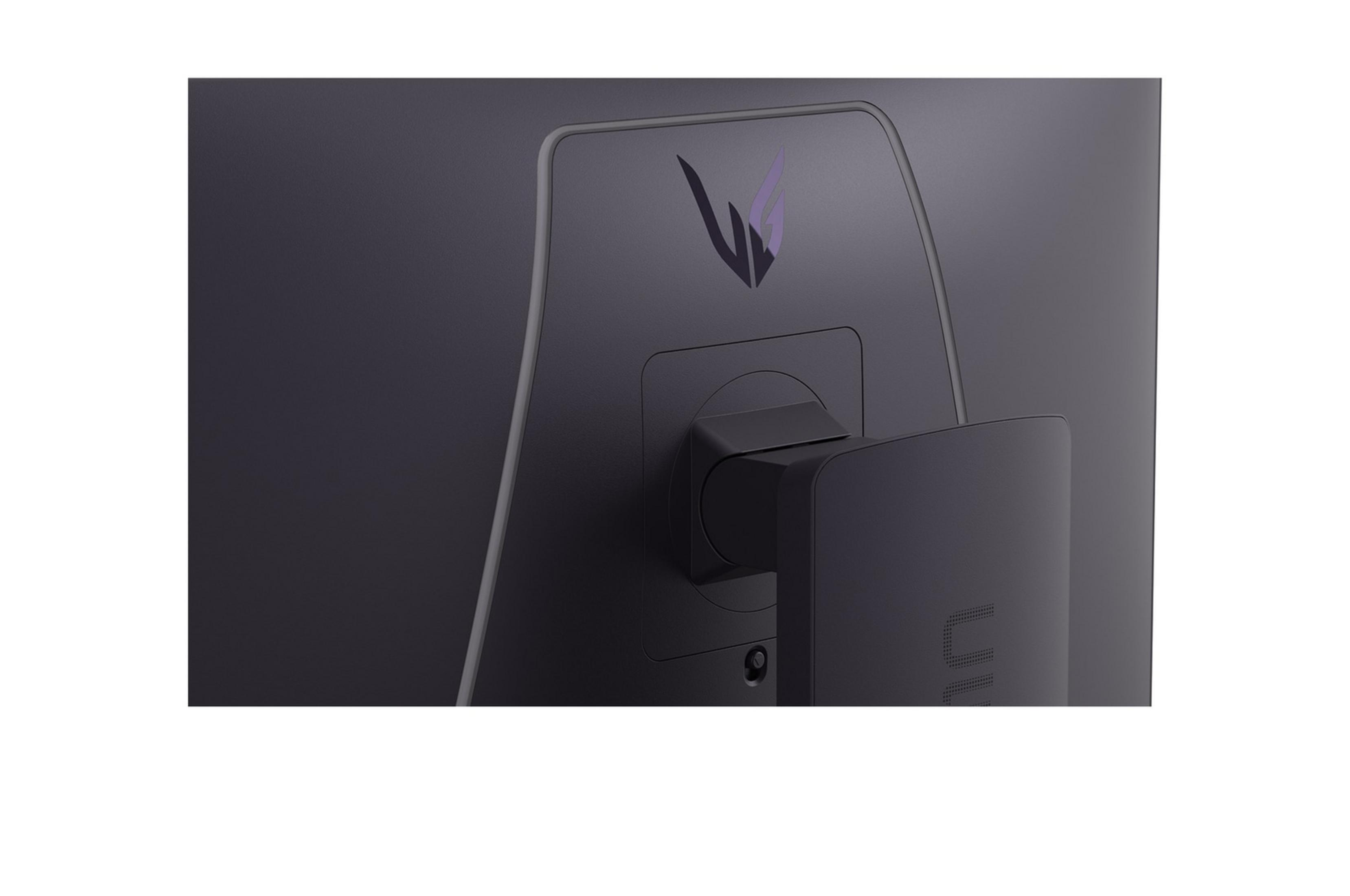 Nahaufnahme der Rückseite eines Monitors mit violettem Logo und Halterung.