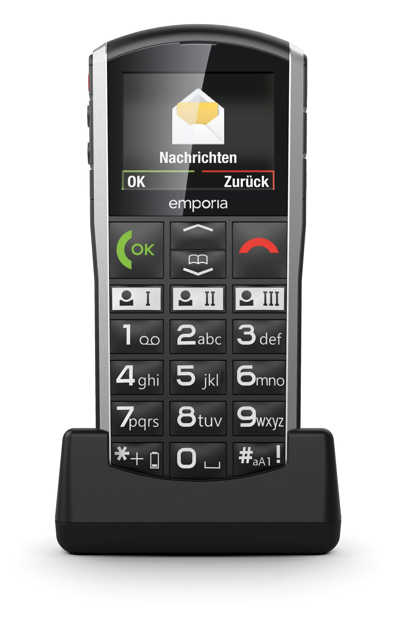 Ein Emporia Seniorenhandy mit Nachrichten-Symbol und Tastatur.
