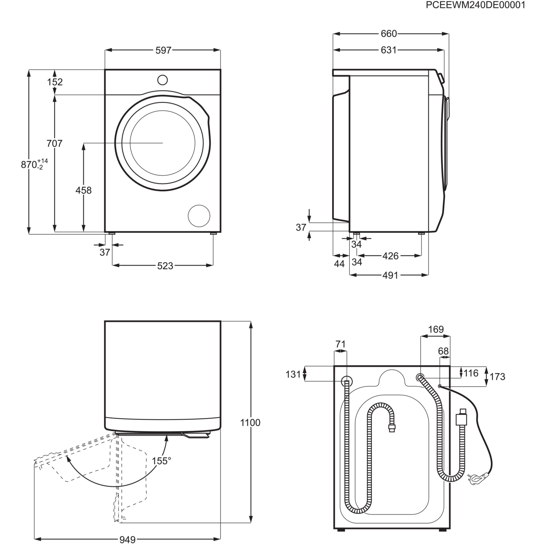 Technische Zeichnung einer Waschmaschine mit Maßen und Ansichten.