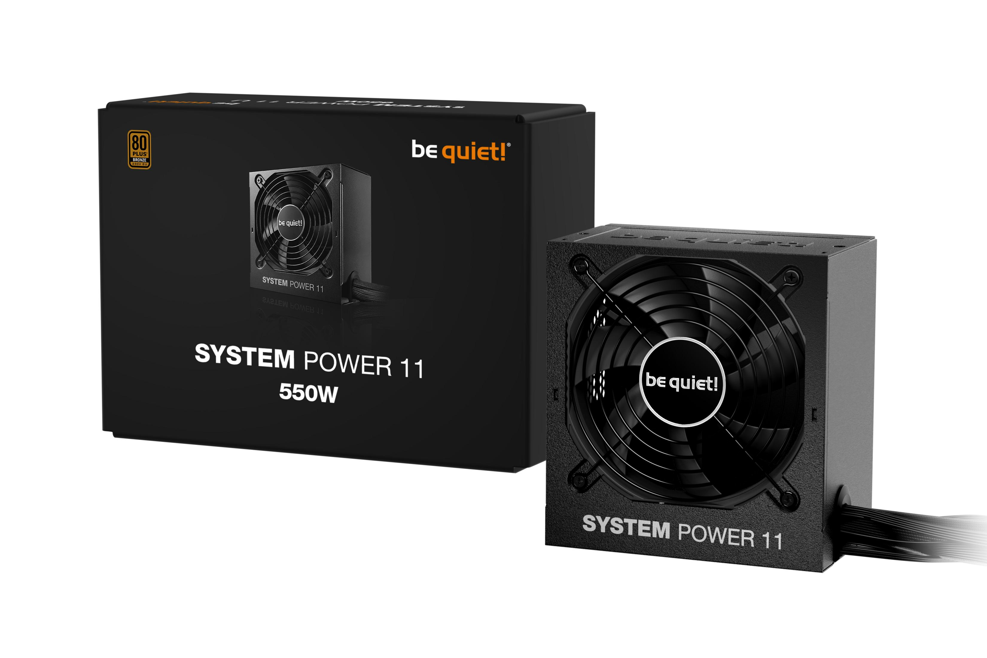 Schwarzes be quiet! System Power 11 550W Netzteil mit 80 Plus Bronze-Siegel neben der Verpackung.