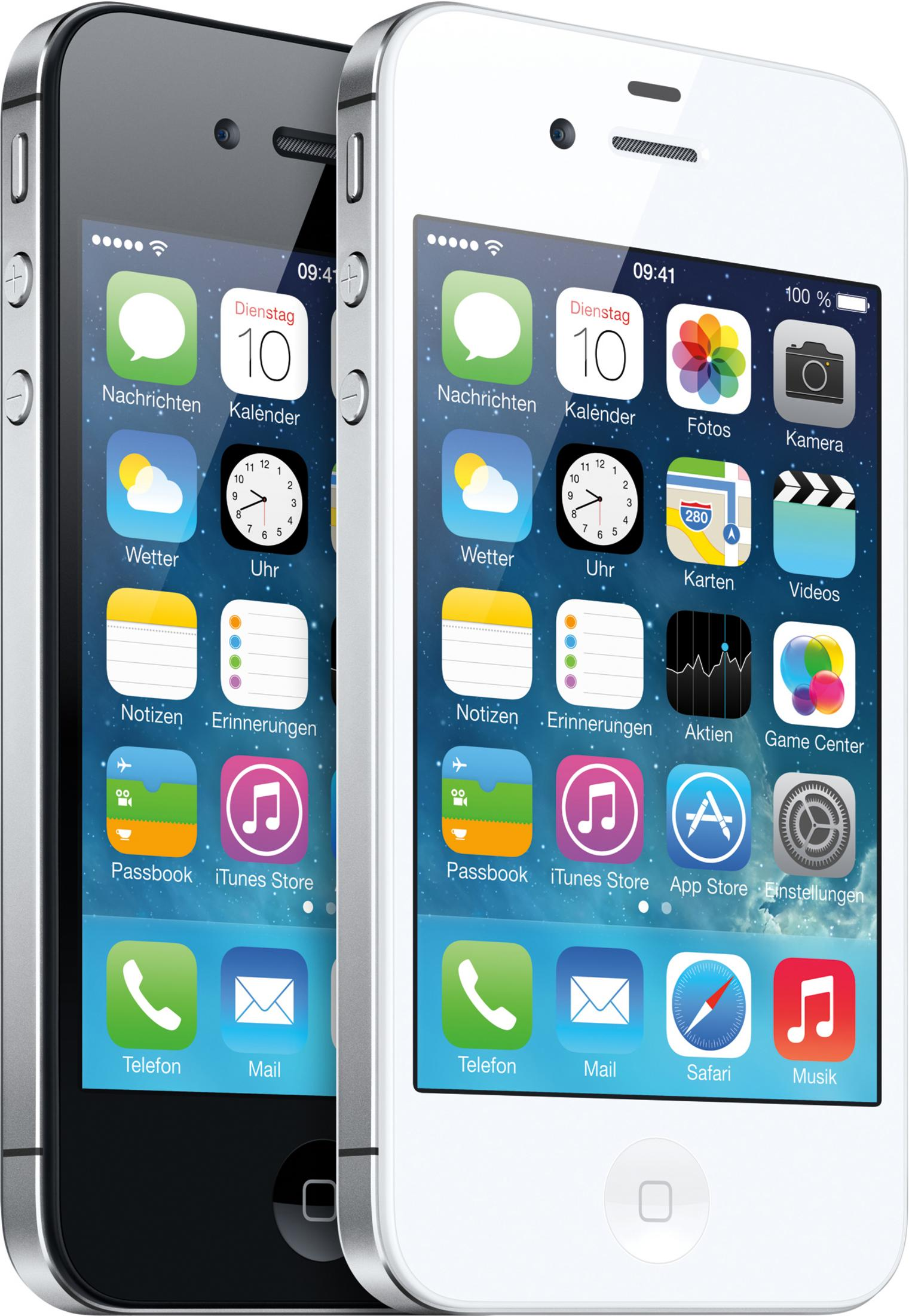 Zwei iPhones, eines schwarz und eines weiß, zeigen ihre Startbildschirme mit Apps.