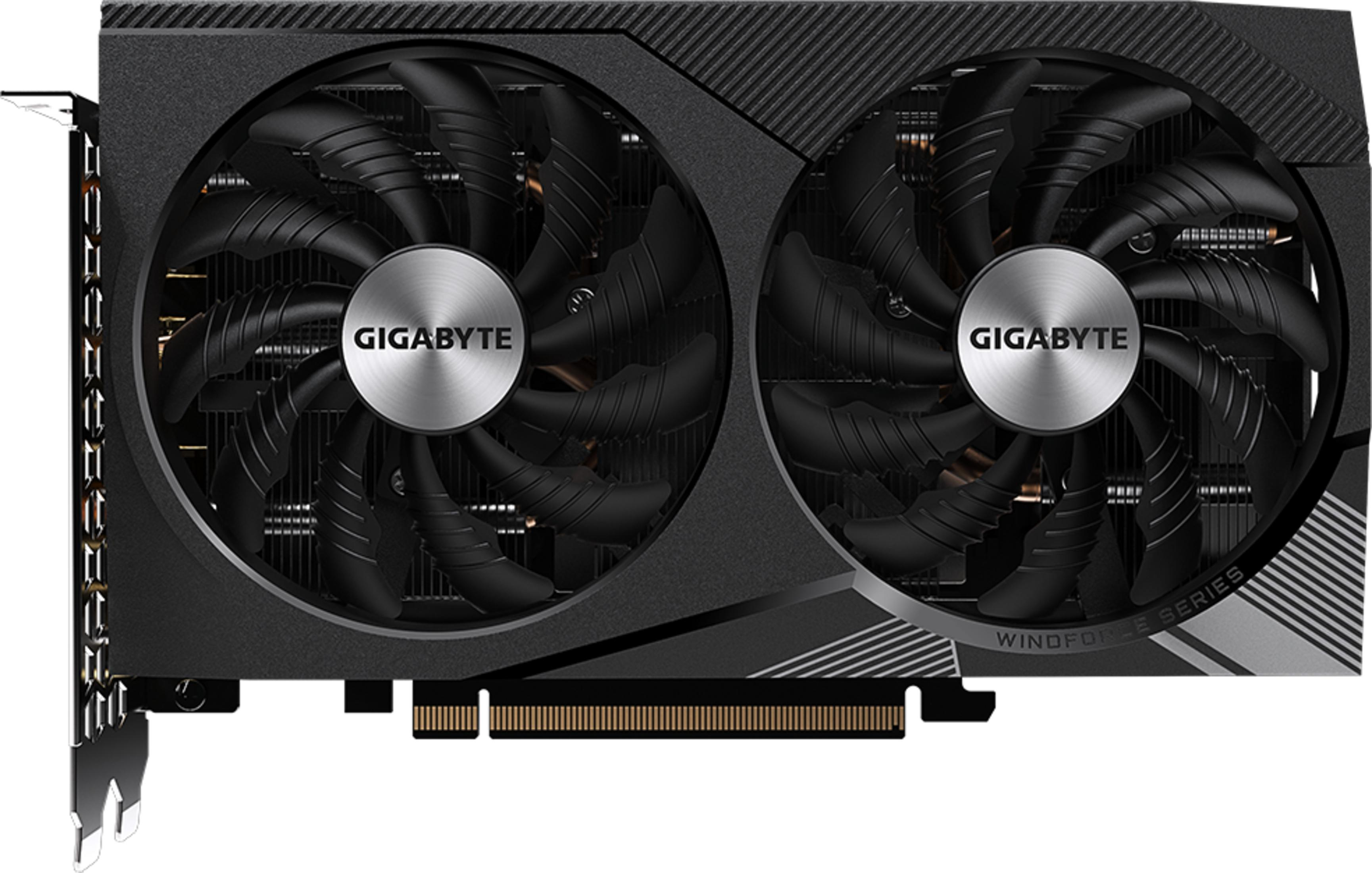 Zwei GIGABYTE Lüfter auf einer schwarzen Grafikkarte mit silbernen Akzenten.