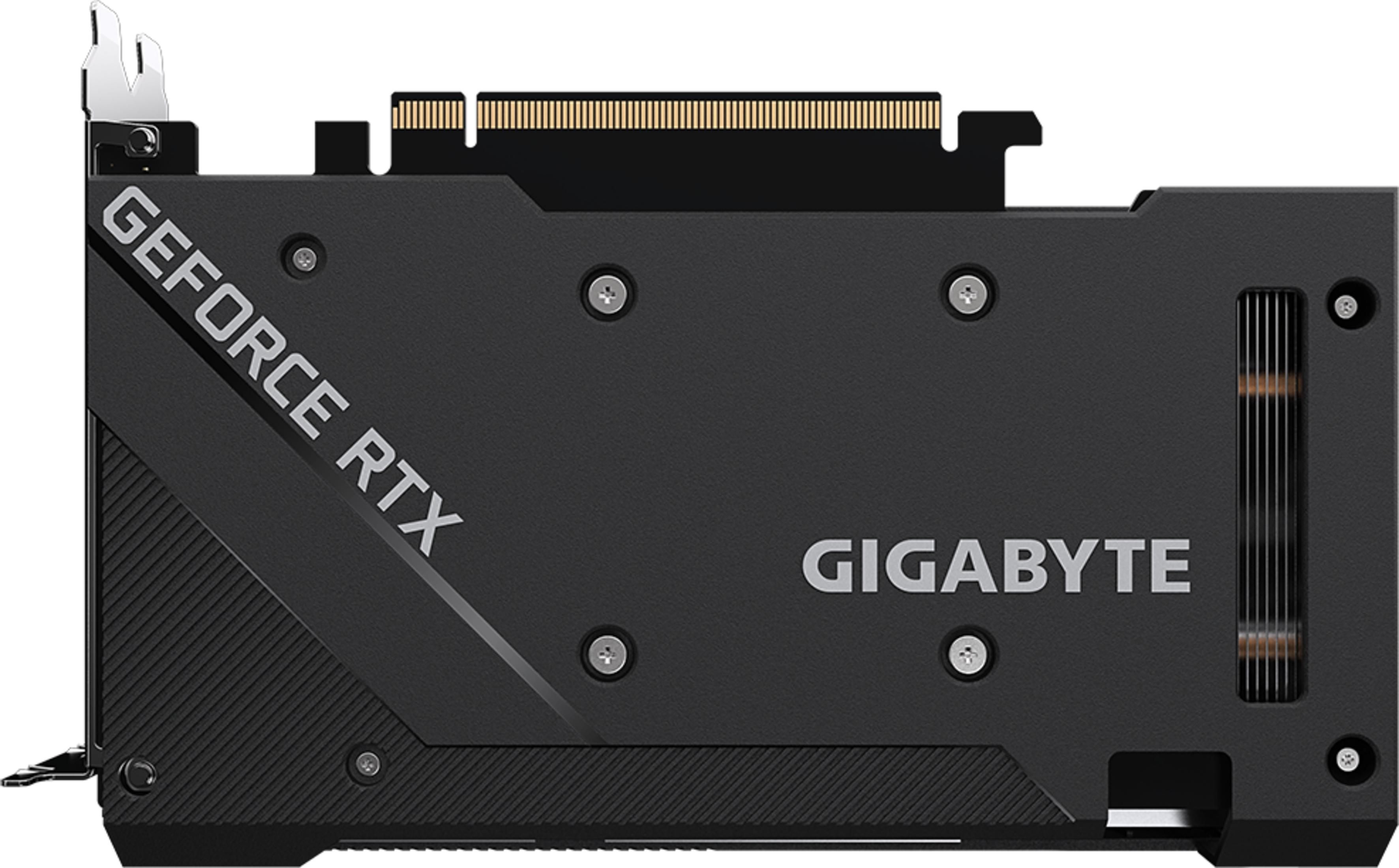 Schwarze Gigabyte GeForce RTX-Grafikkarte mit silbernem Text und Metallhalterung.