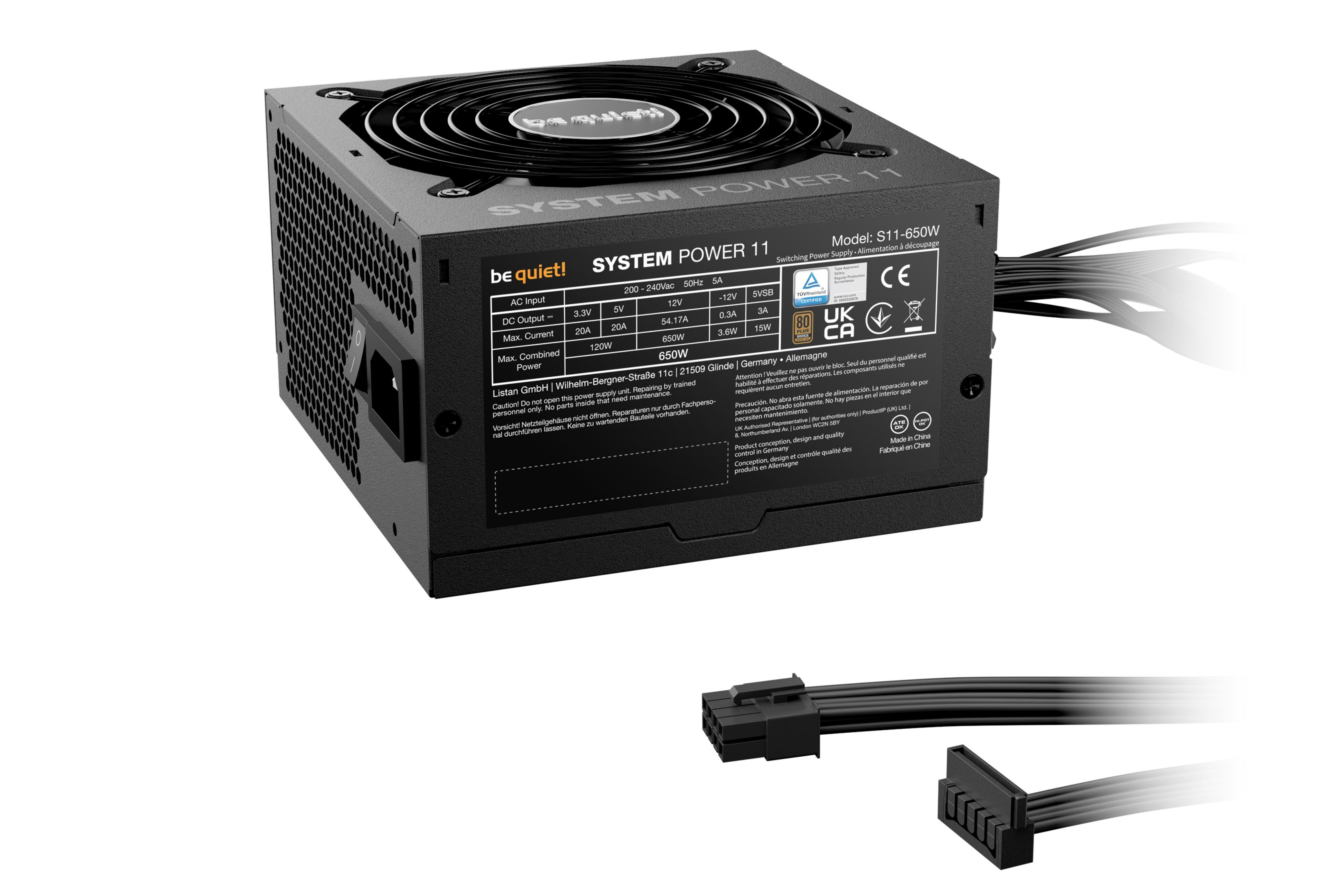 Alimentatore PC nero con griglia ventola e cavi. Modello S11-650W.