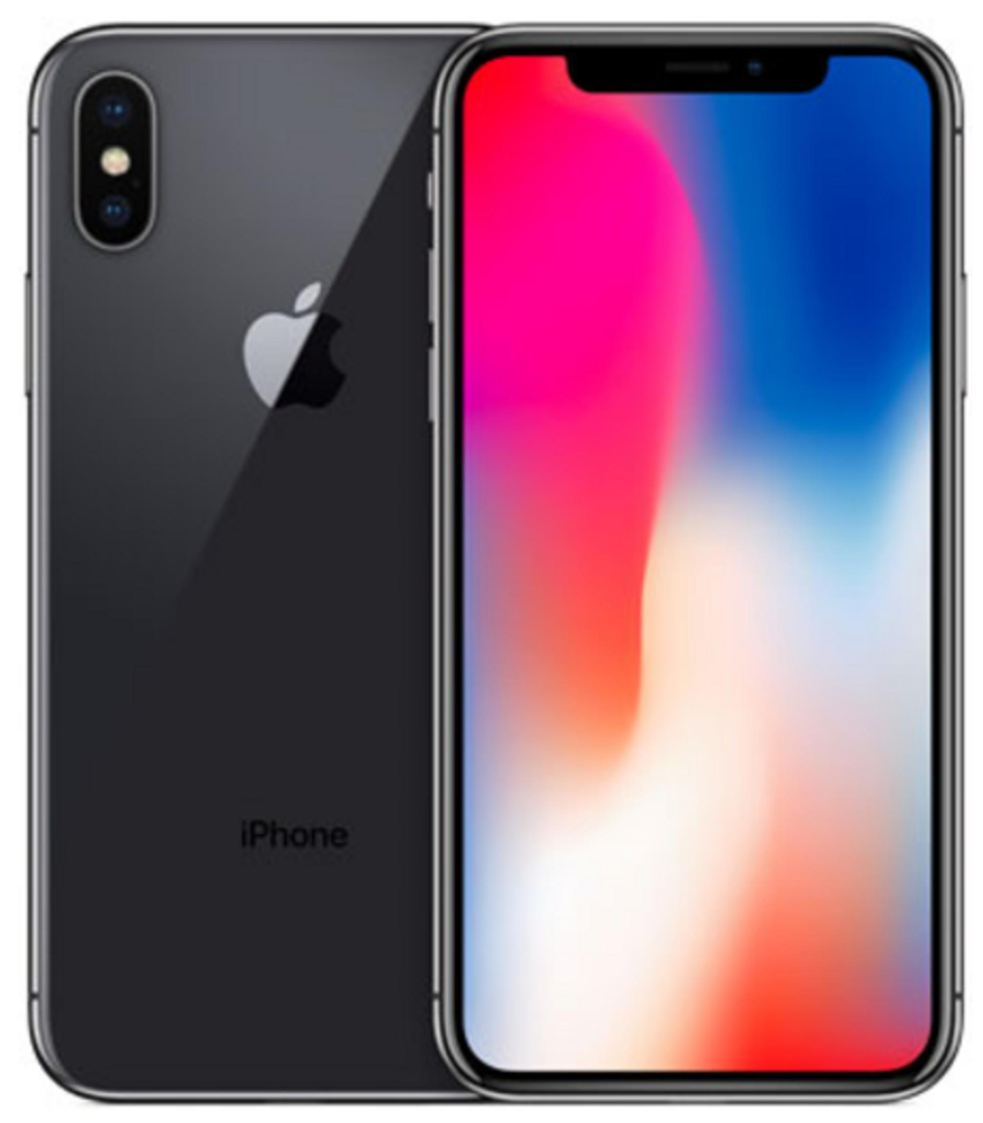 Dunkelgraues iPhone mit zwei Kameras auf der Rückseite und einem farbigen Display.