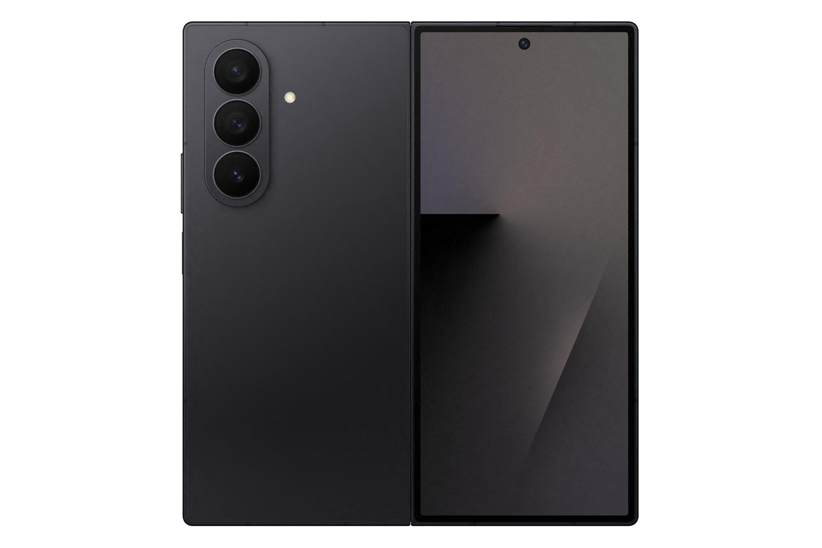 A dark foldable smartphone, closed. The back shows three cameras and a flash.