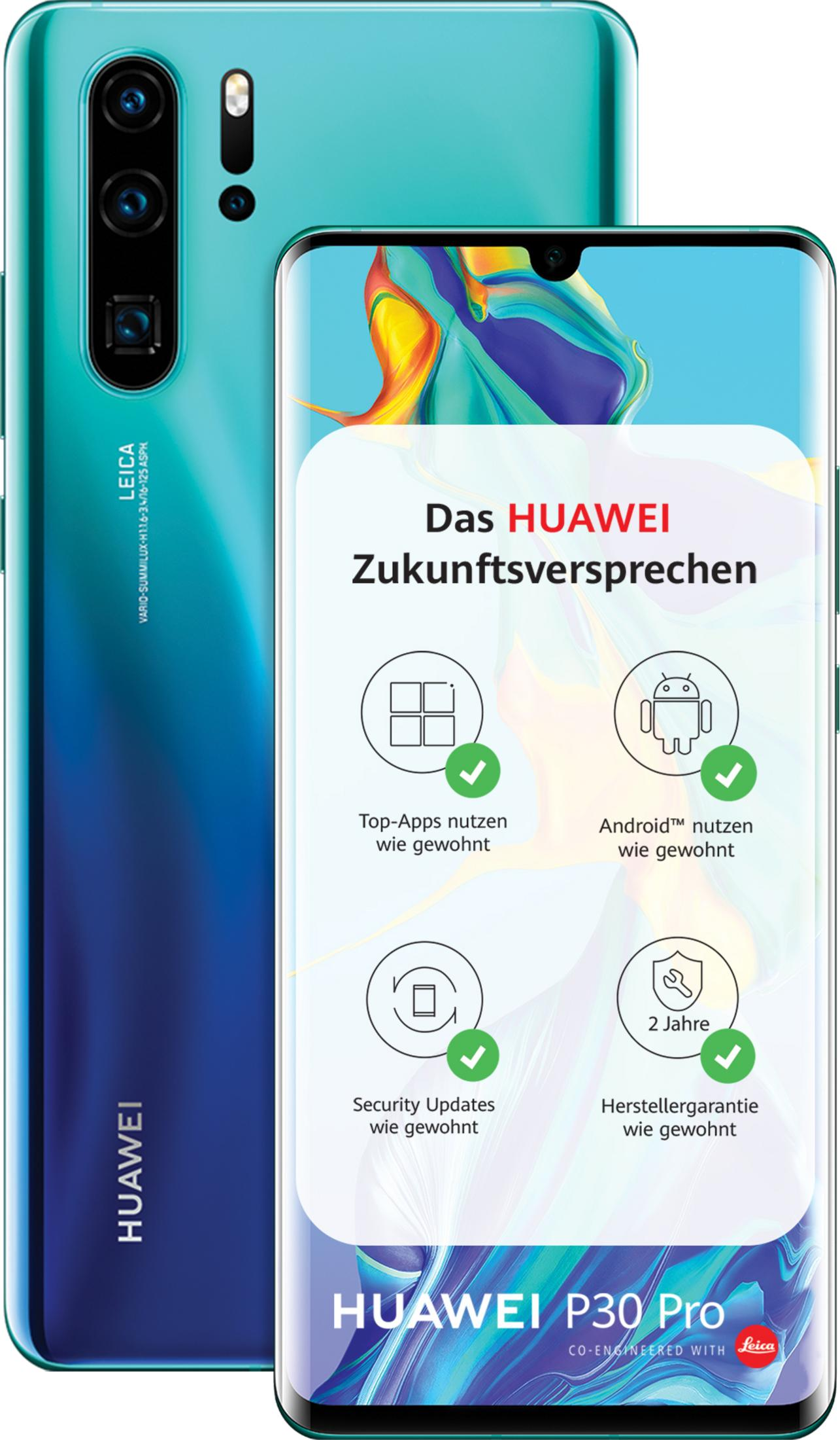 HUAWEI P30 Pro mit Kameras und Werbebanner für dessen Versprechen.
