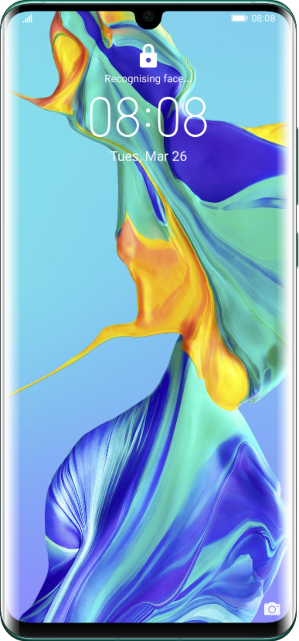 Smartphone mit blauer und gelber Farbverlauf-Tapete, Zeit 08:08, Dienstag, 26. März.