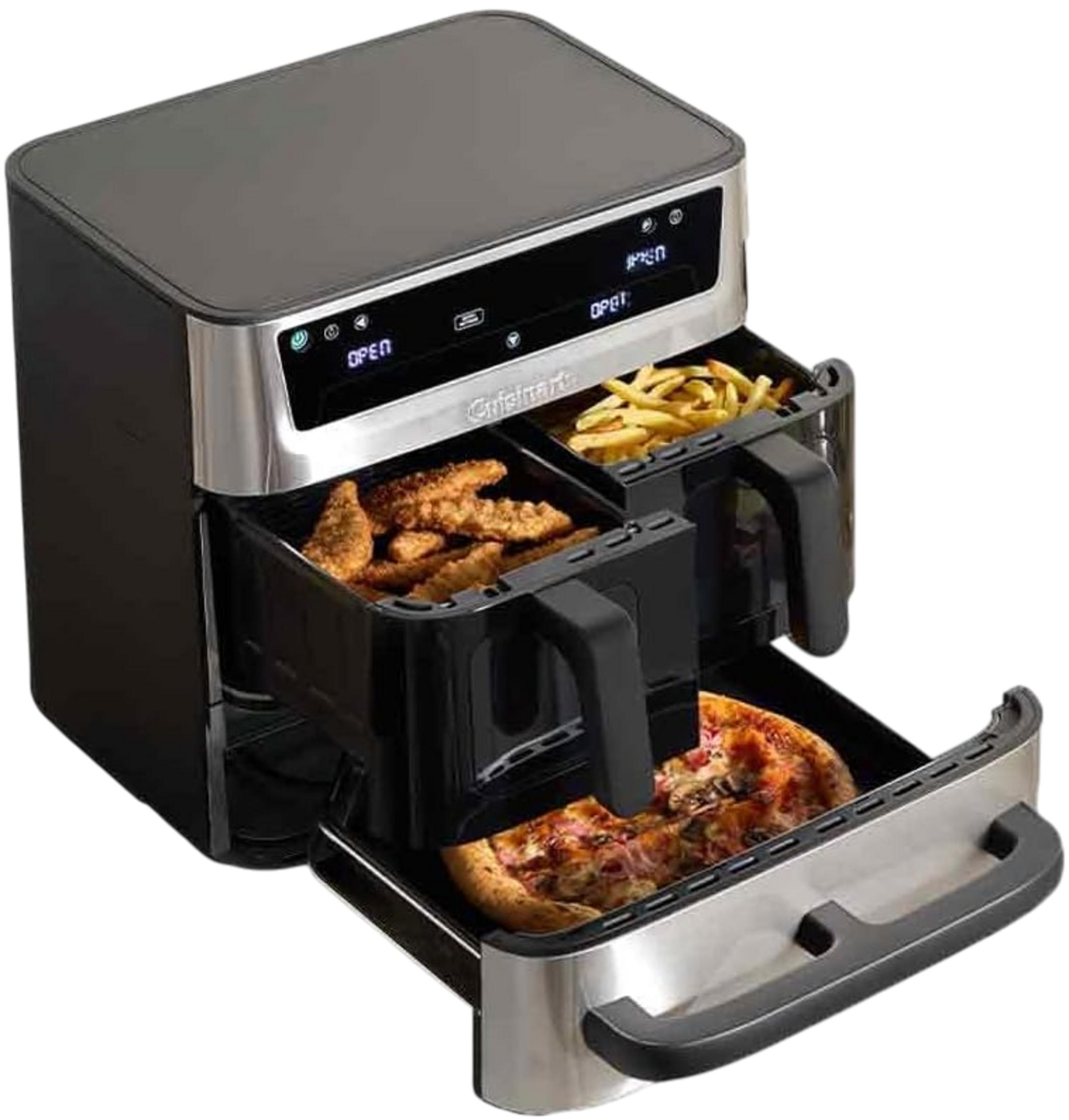 Schwarzer Cuisinart Dual-Korb-Heißluftfritteuse mit frittiertem Hähnchen, Pommes und Pizza.