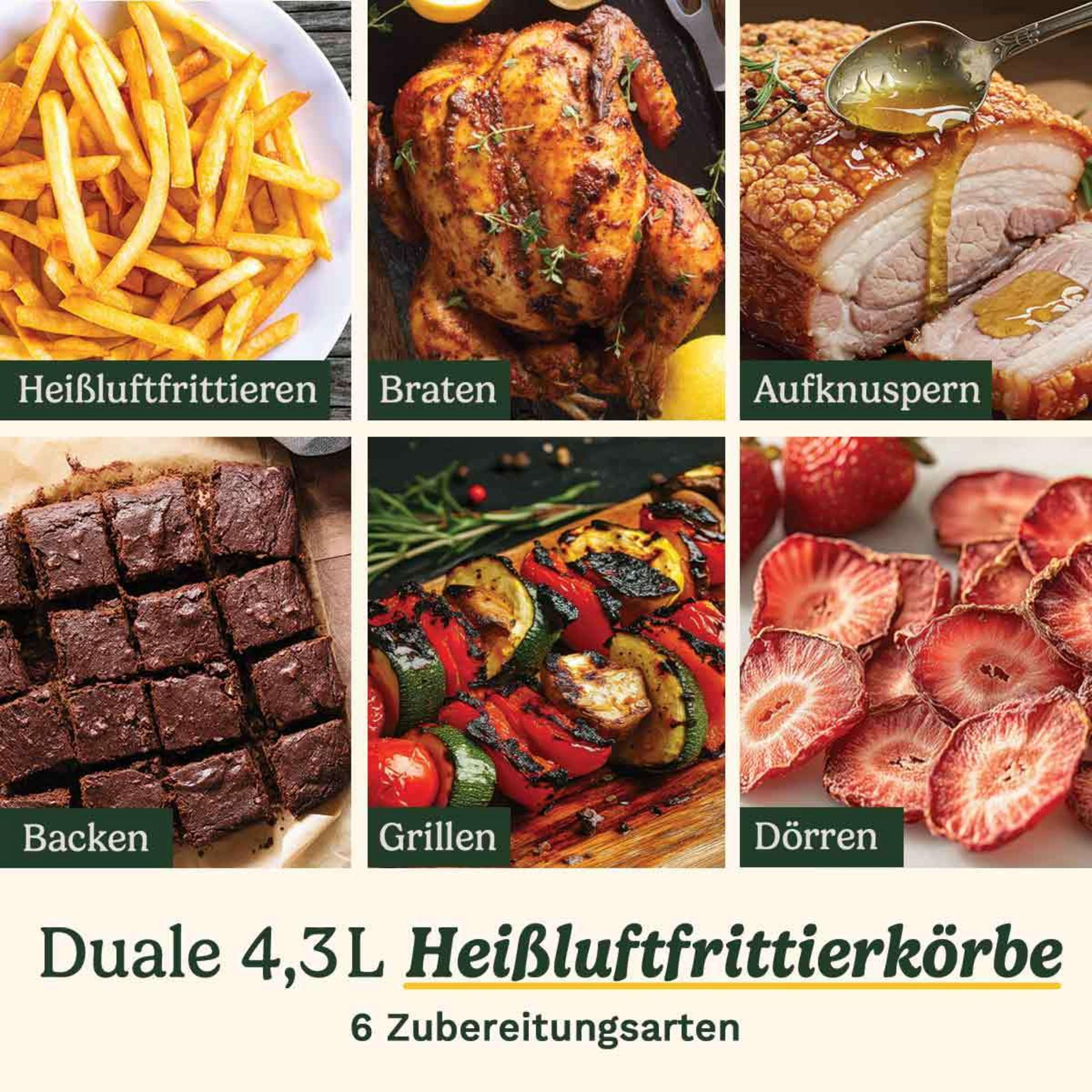 Sechs Zubereitungsarten: Pommes, Braten, Krustenbraten, Brownies, Grillgemüse, Dörrobst.