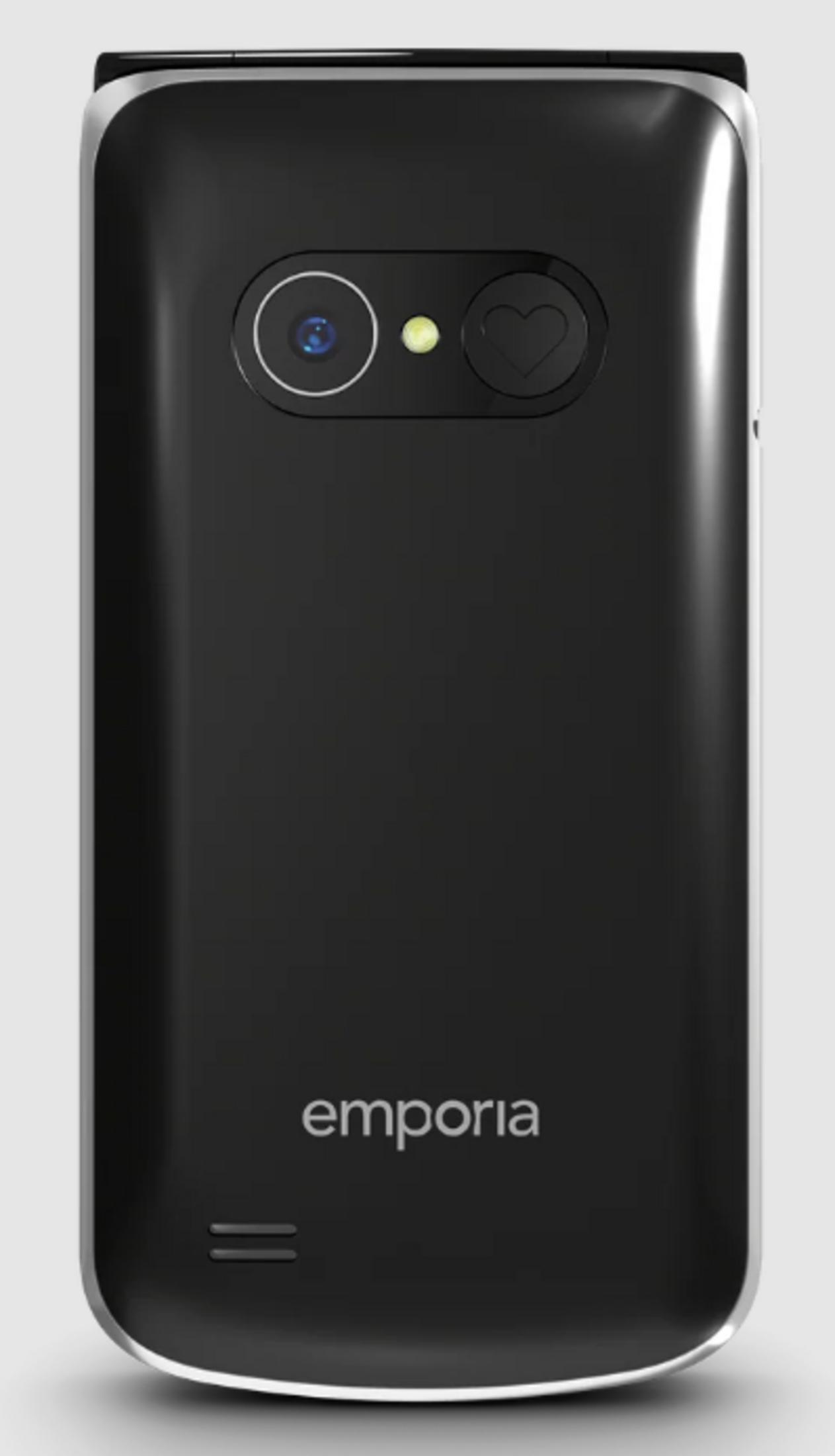 Rückseite eines schwarzen Emporia Klapphandys mit Kamera und Herz-Symbol.