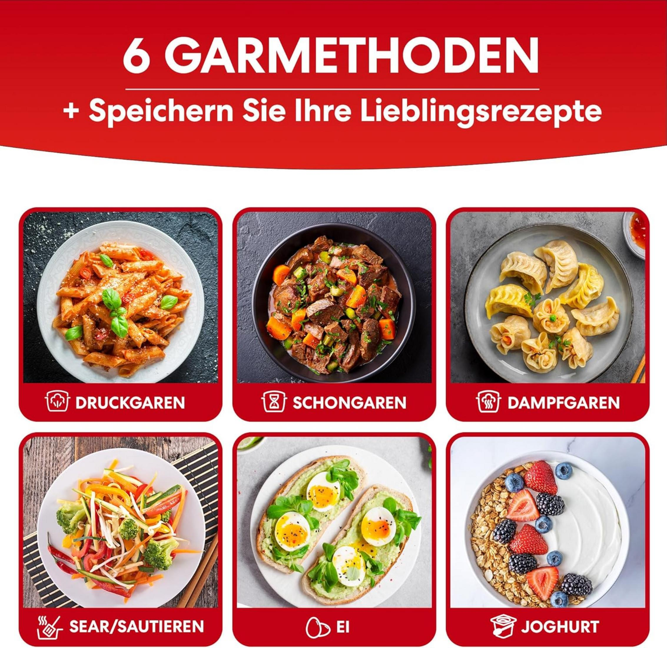 Sześć metod gotowania: penne, gulasz, pierożki, warzywa, tosty z jajkiem i jogurt.