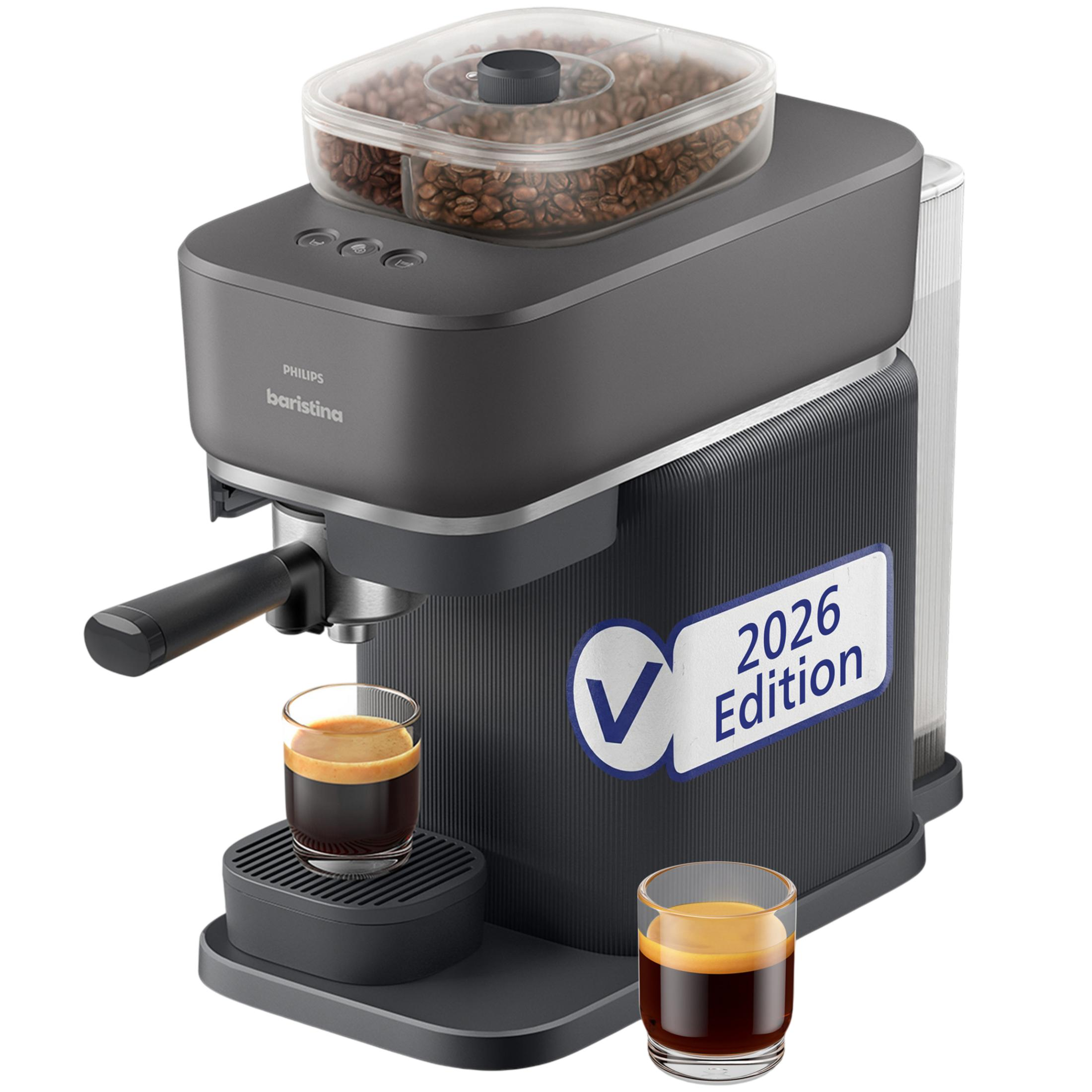 Eine graue Philips Baristina Espressomaschine mit Bohnenbehälter und zwei Espressogläsern.