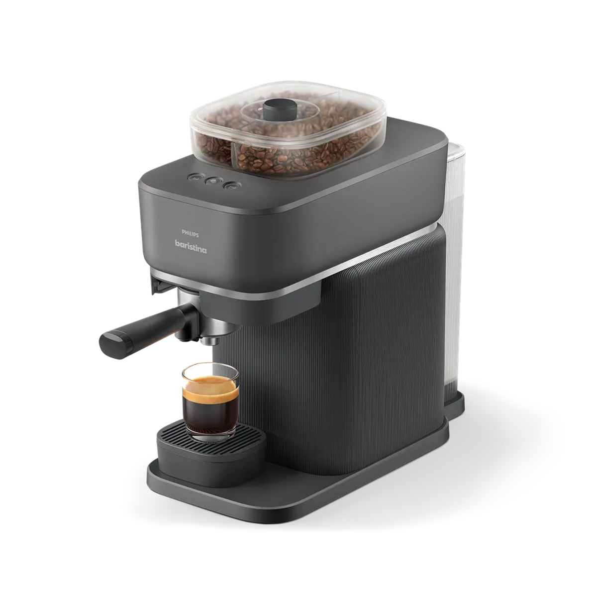 Eine dunkelgraue Kaffeemaschine mit einem Behälter voller Kaffeebohnen und einem Espresso im Glas.
