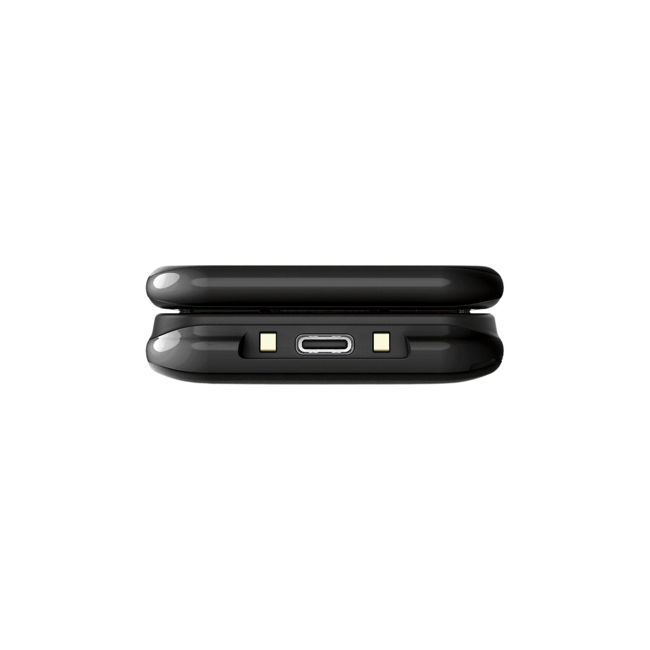 Schwarzes Smartphone mit USB-C-Anschluss und Ladekontakten.