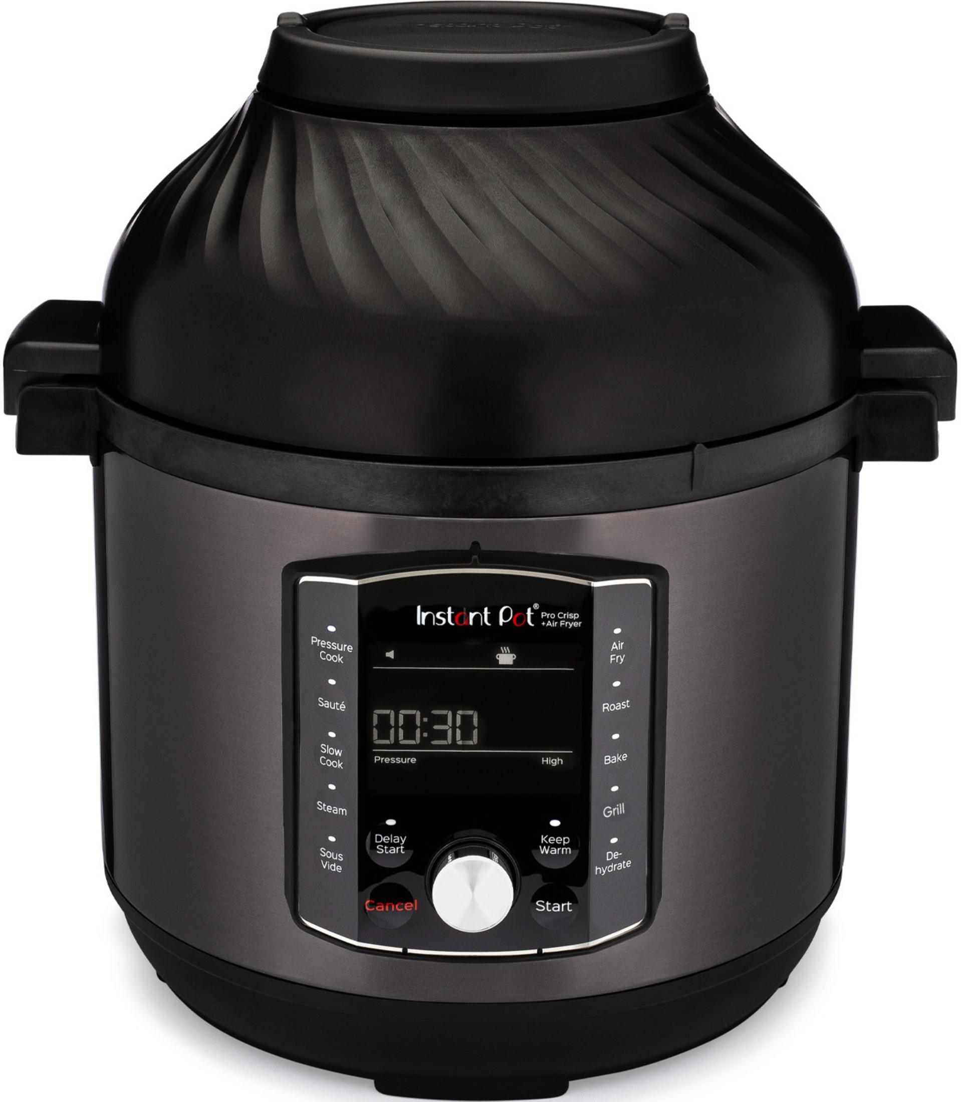 Zwarte Instant Pot Pro Crisp + Air Fryer met digitaal display dat 00:30 toont.
