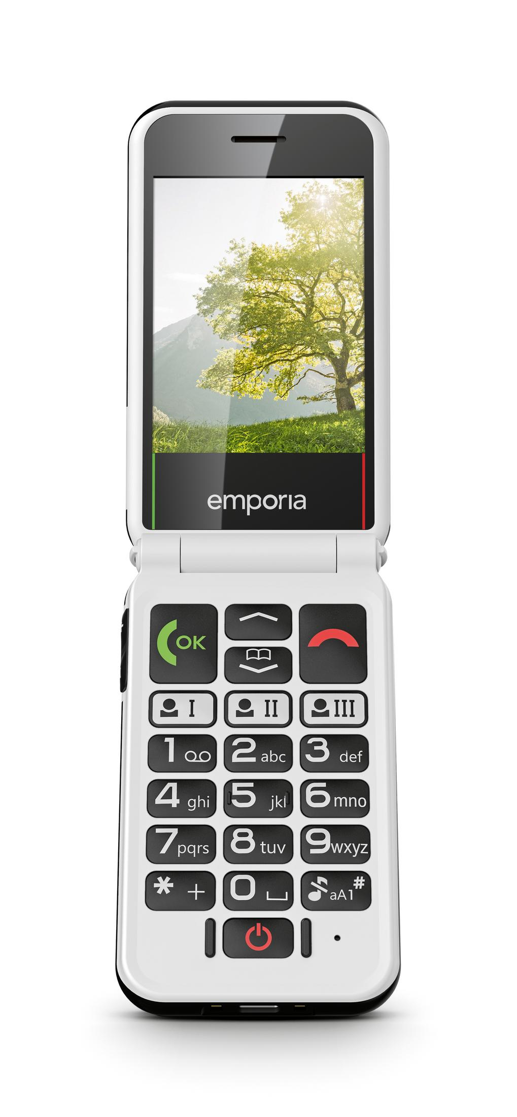 Un telefono flip Emporia bianco aperto con tastierino numerico e un'immagine di albero.