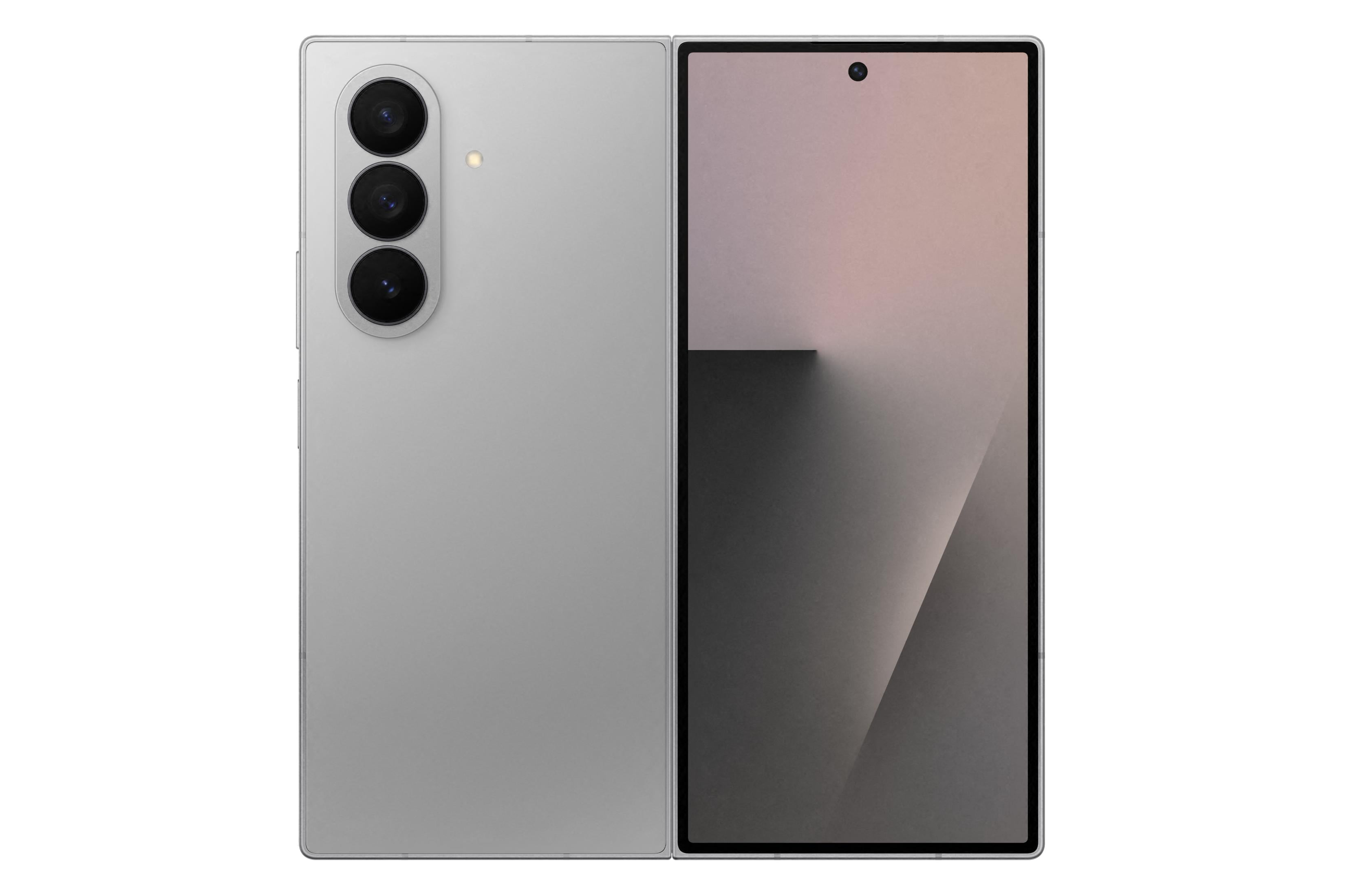 Un smartphone plegable plateado con tres cámaras traseras y pantalla abierta.