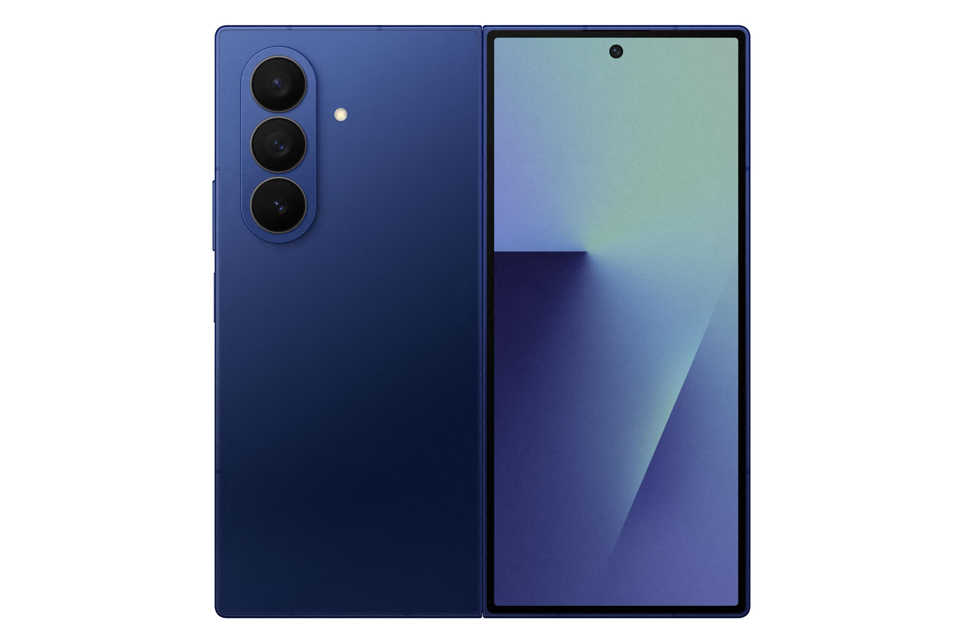 An open blue smartphone with three rear cameras and a screen.