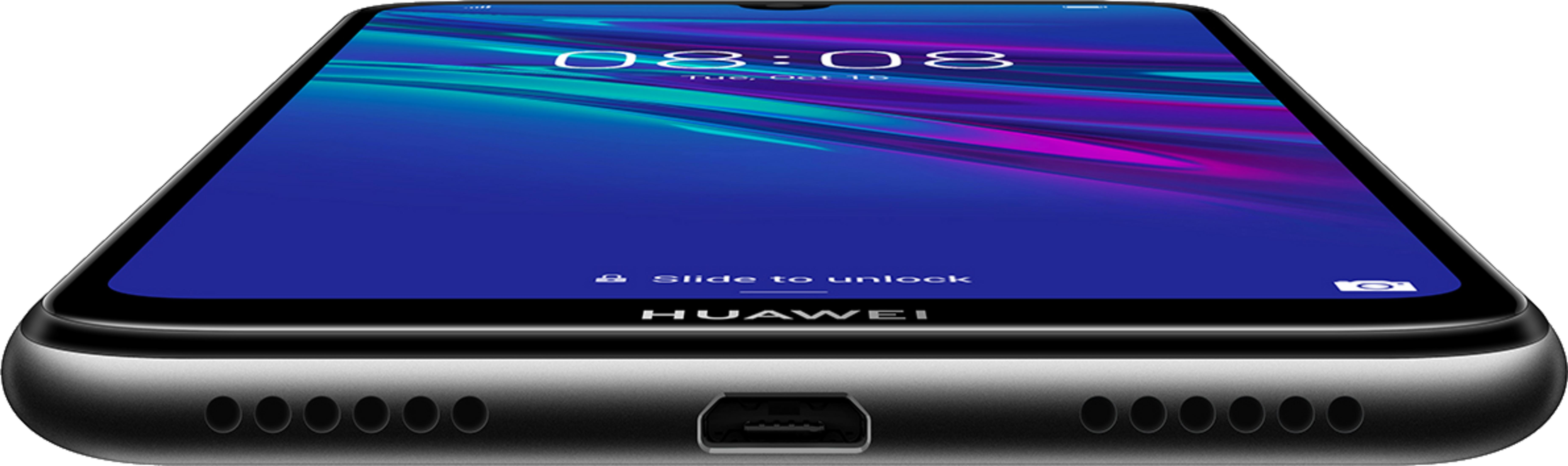 Graues Smartphone mit blauem Hintergrund, Zeit 08:08, Huawei-Logo.