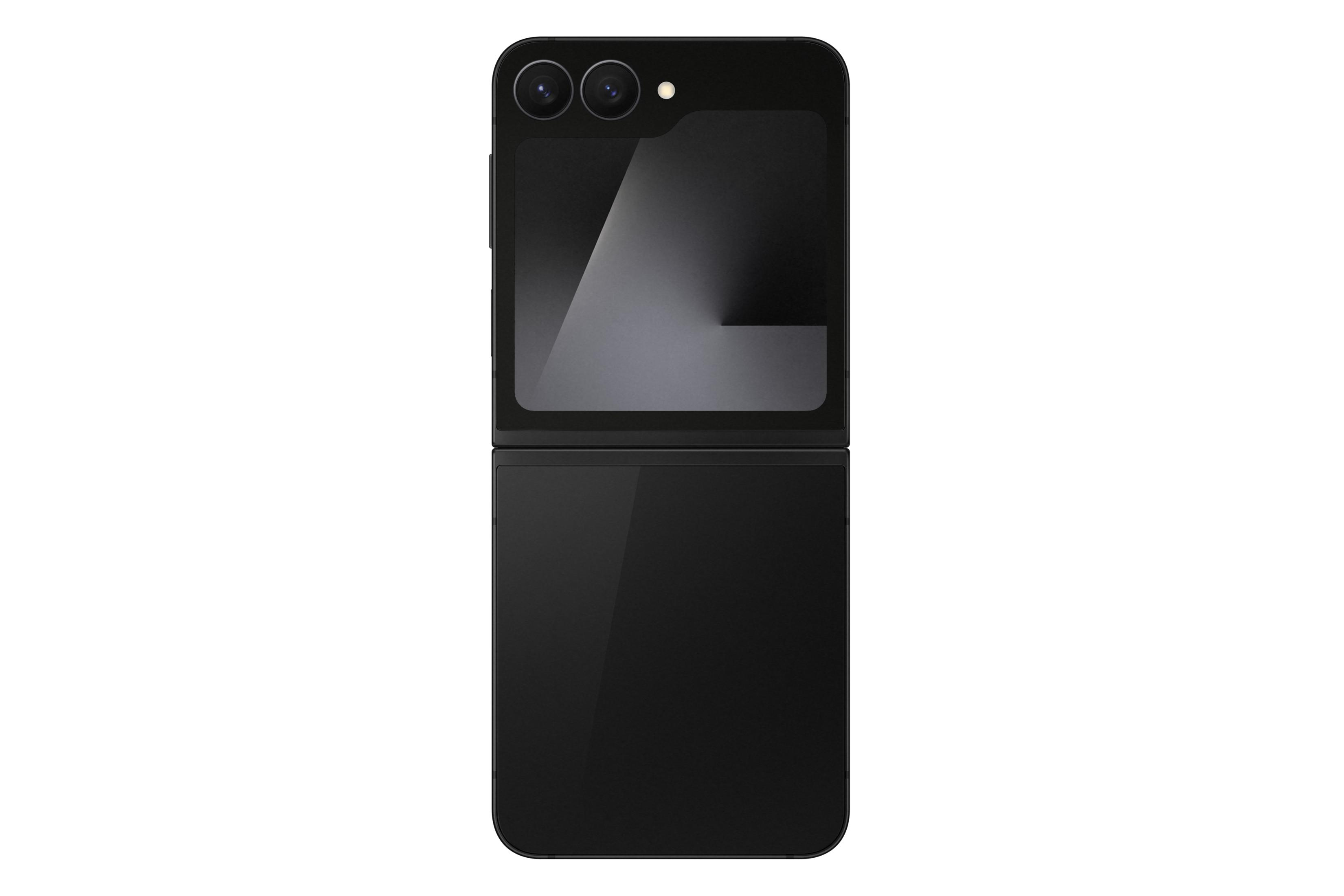 Un teléfono plegable negro cerrado con dos cámaras arriba y una pantalla.