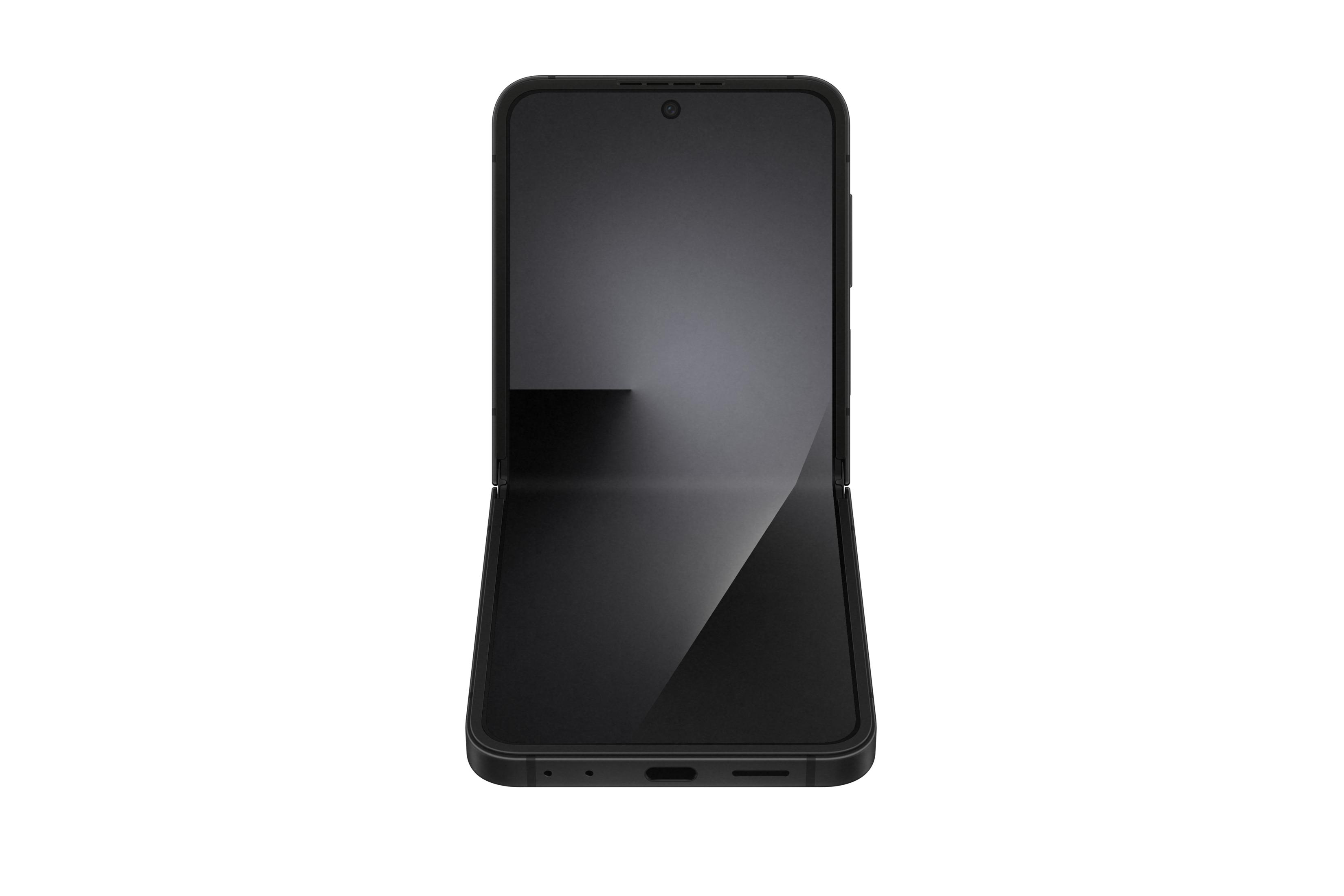 Un teléfono plegable negro se muestra sobre un fondo blanco.