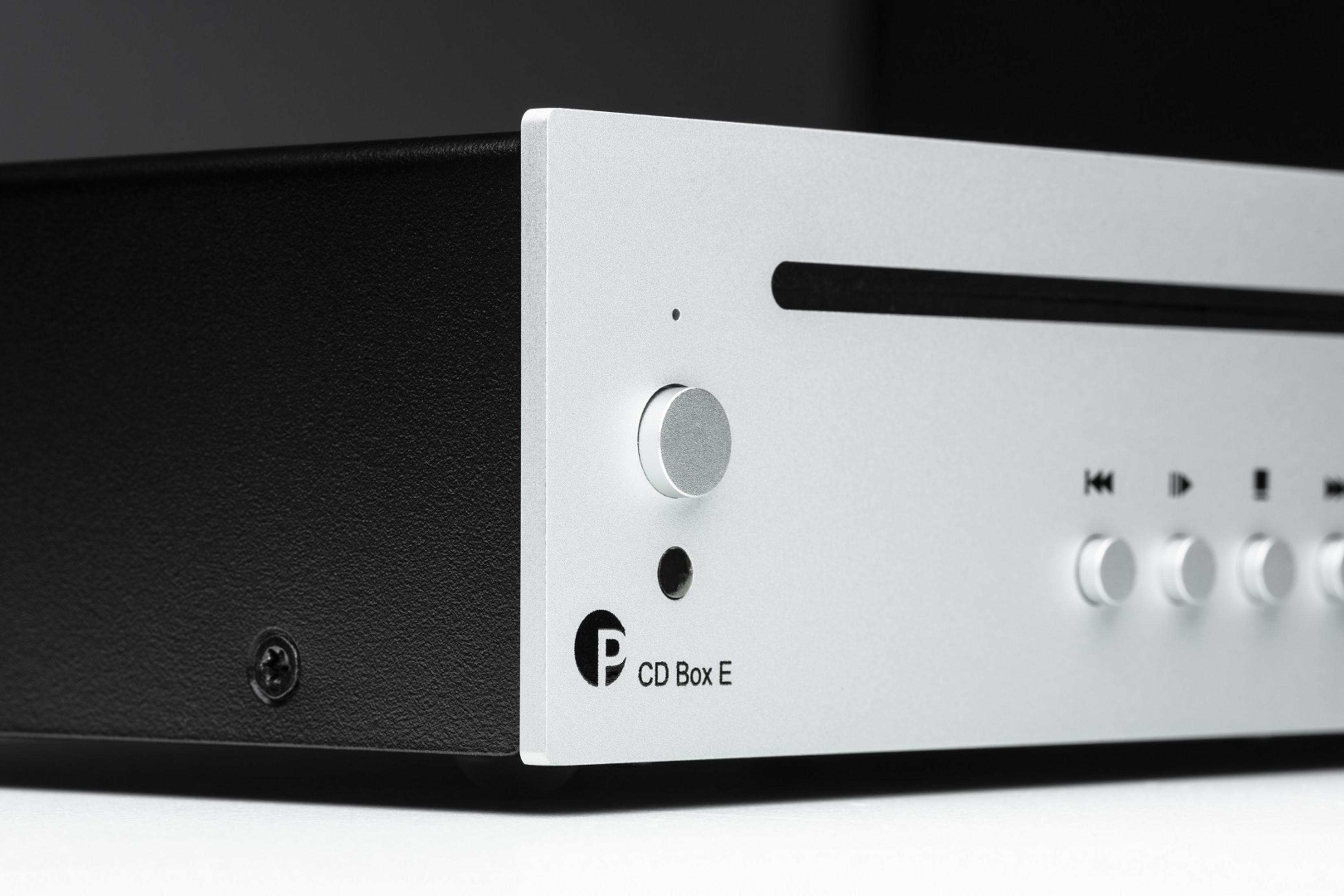 Black CD player with silver front, slot, and buttons.