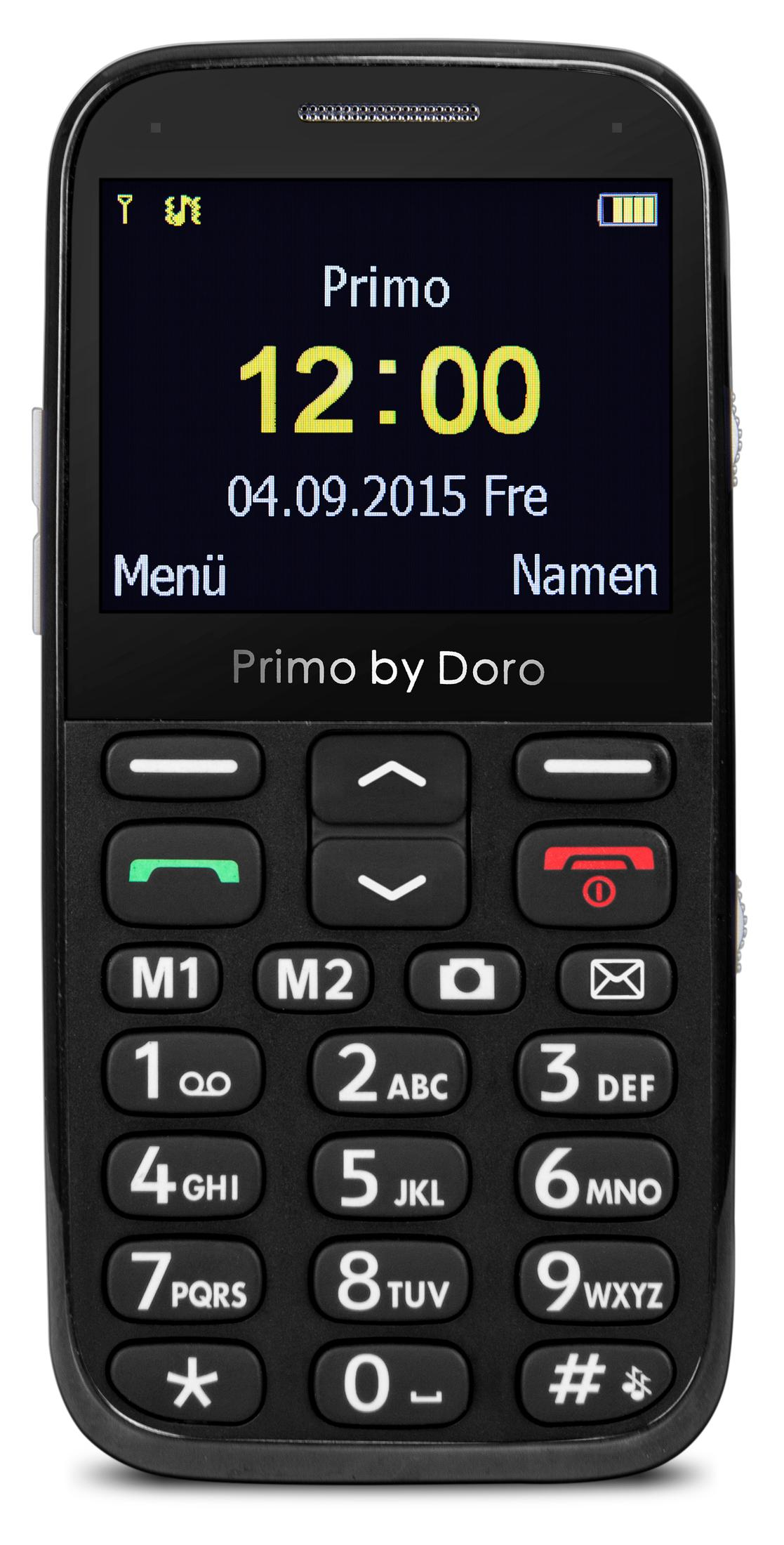Un telefono cellulare nero Primo by Doro con ampio display che mostra le 12:00.
