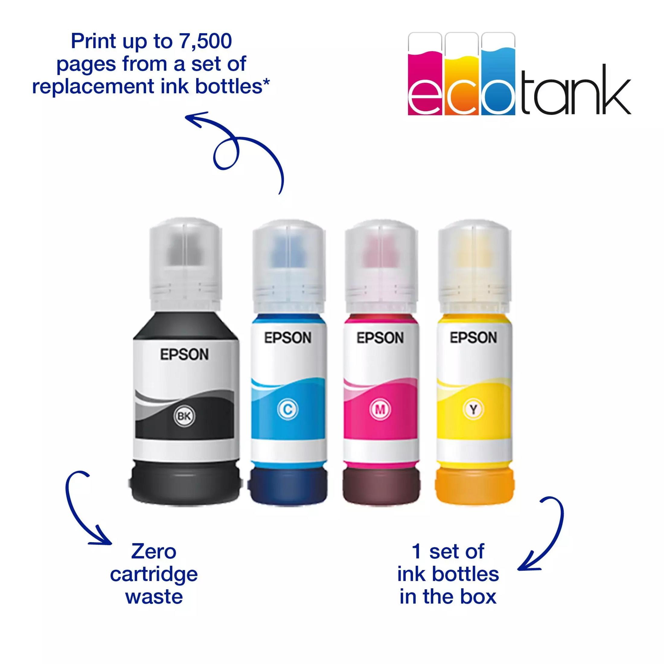 Four EPSON EcoTank ink bottles: black, cyan, magenta, yellow.