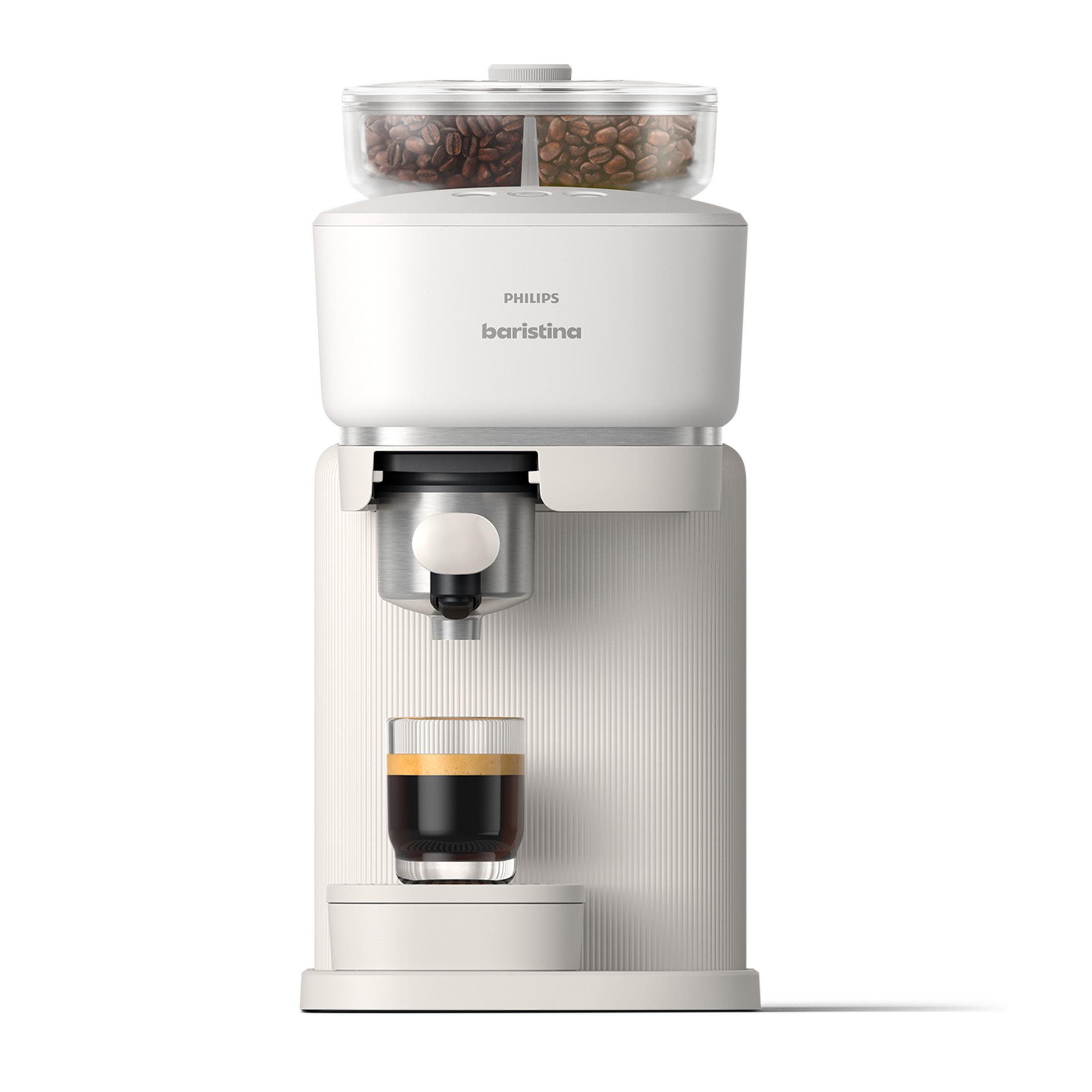 Macchina da caffè bianca con tramoggia per chicchi in vetro e una tazzina di espresso.