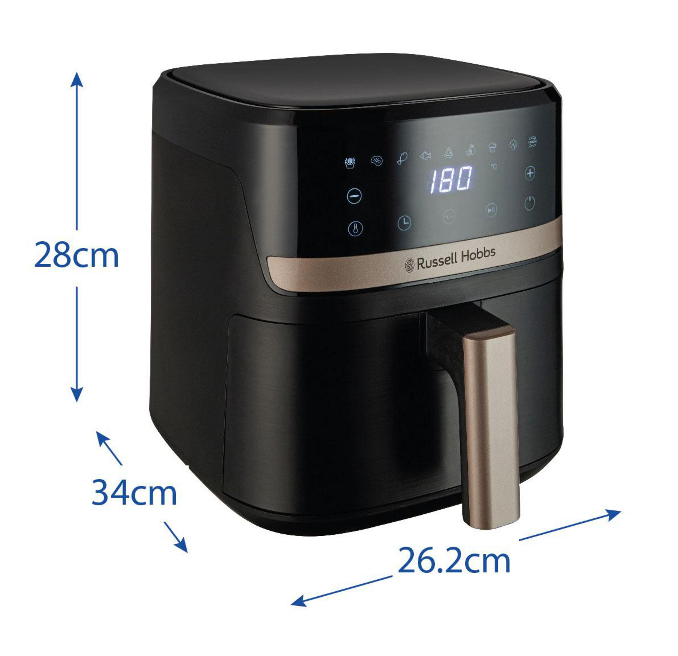 Zwarte Russell Hobbs airfryer met digitaal display van 180 graden.