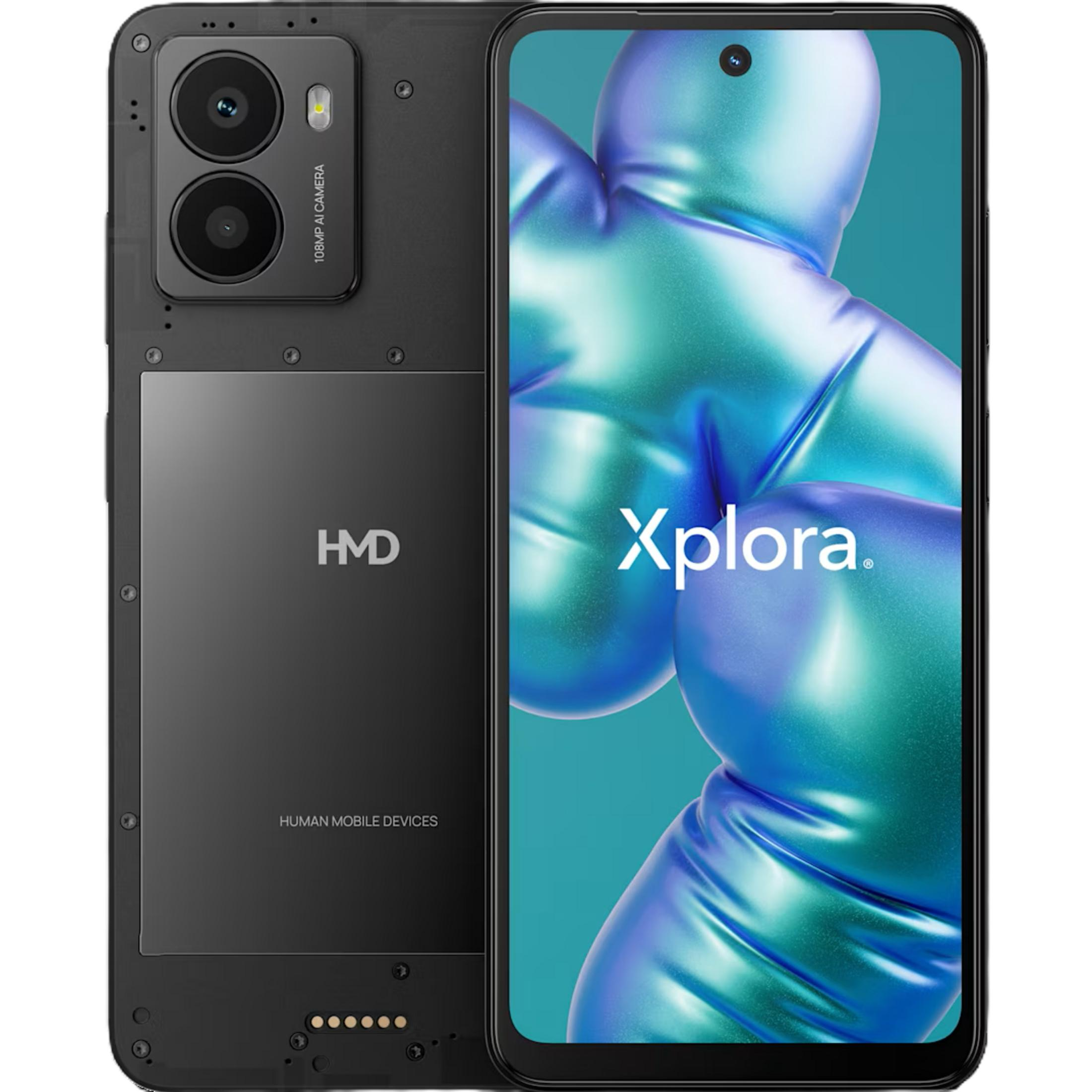 Ein schwarzes Smartphone mit HMD-Logo und "Xplora"-Aufschrift auf dem Bildschirm.