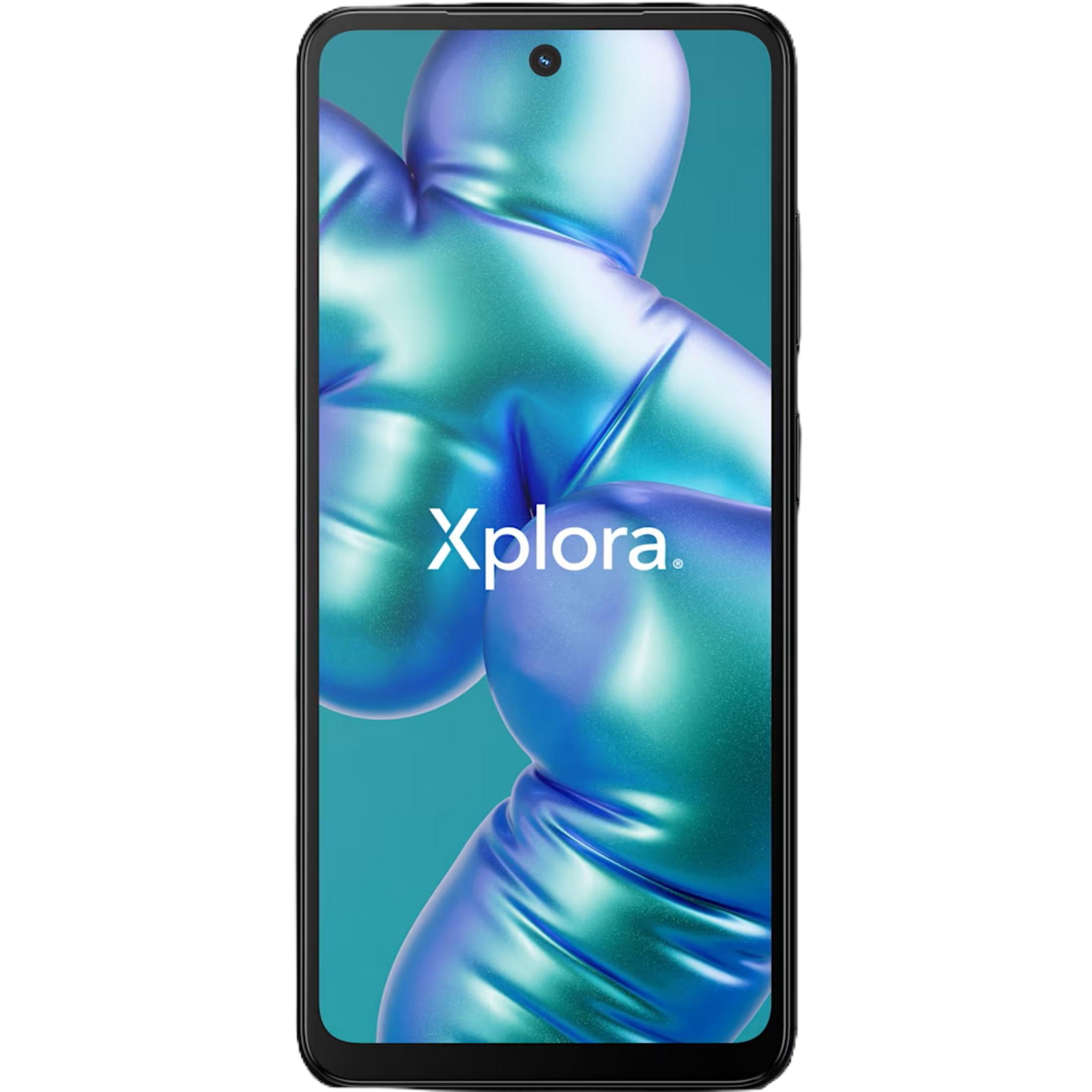 Ein Smartphone zeigt den Schriftzug Xplora auf einem blauen und grünen, wellenförmigen Hintergrund.