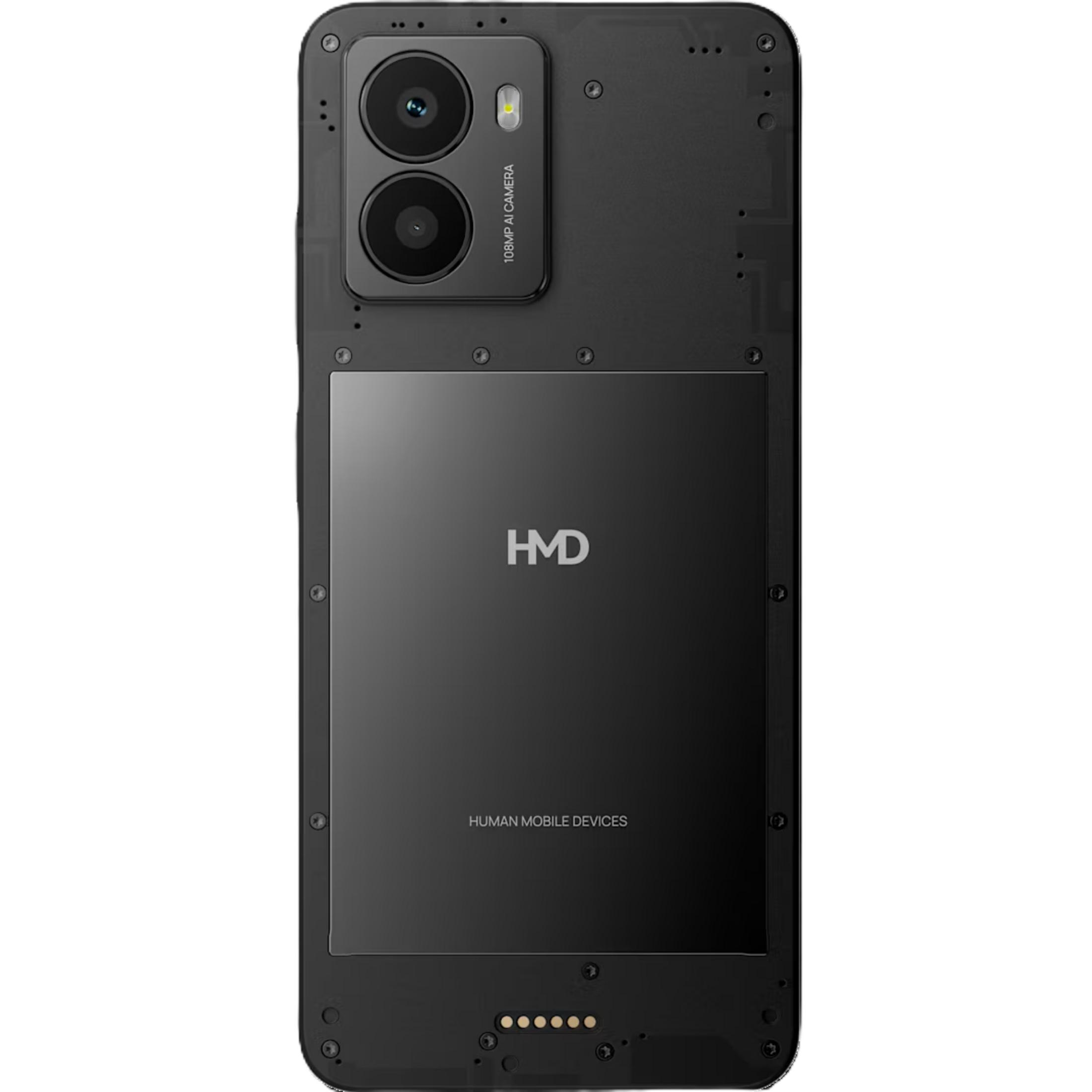 Schwarzes Smartphone Rückansicht: Dual-Kameras, HMD-Logo und Ladekontakte.