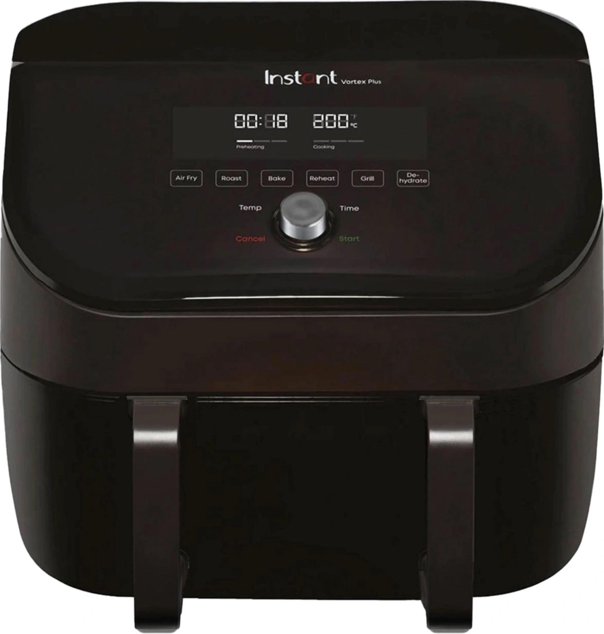 Zwarte Instant Vortex Plus airfryer met digitaal display en bedieningsknoppen.
