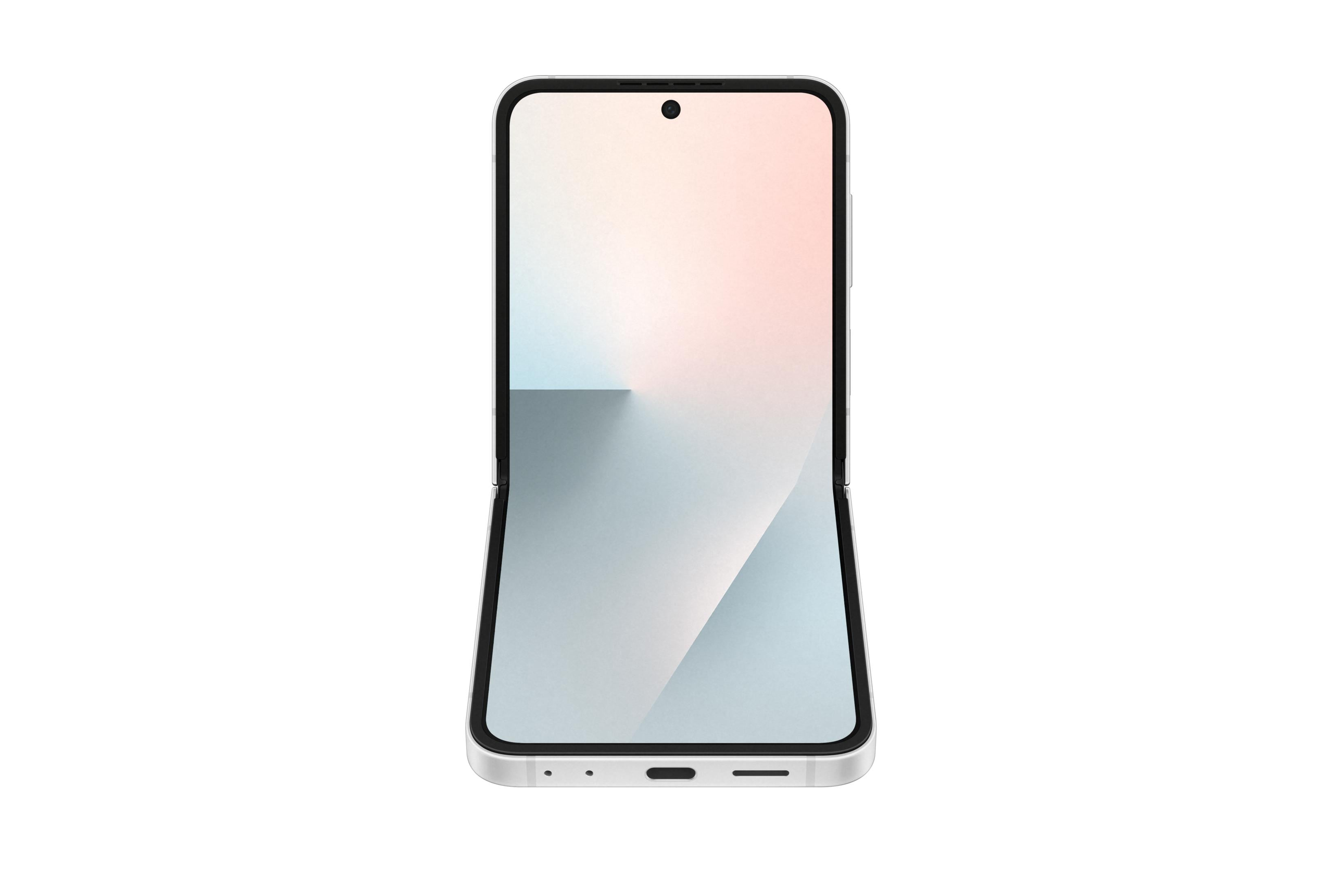 Otwarty, srebrny smartfon z białym tłem i abstrakcyjnym wzorem na ekranie.