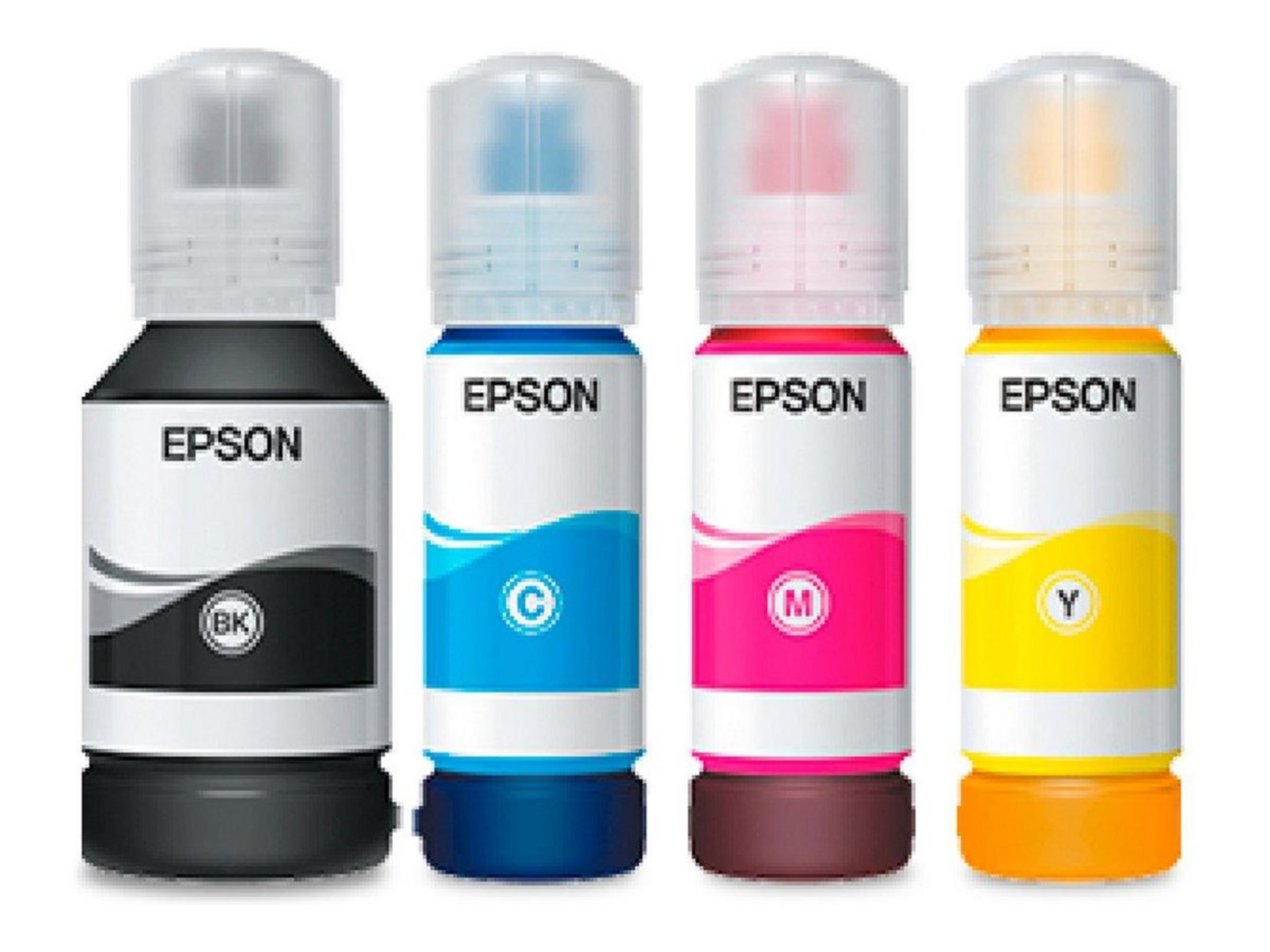 Cuatro botellas de tinta Epson: negra, cian, magenta, amarilla. Etiquetas blancas.