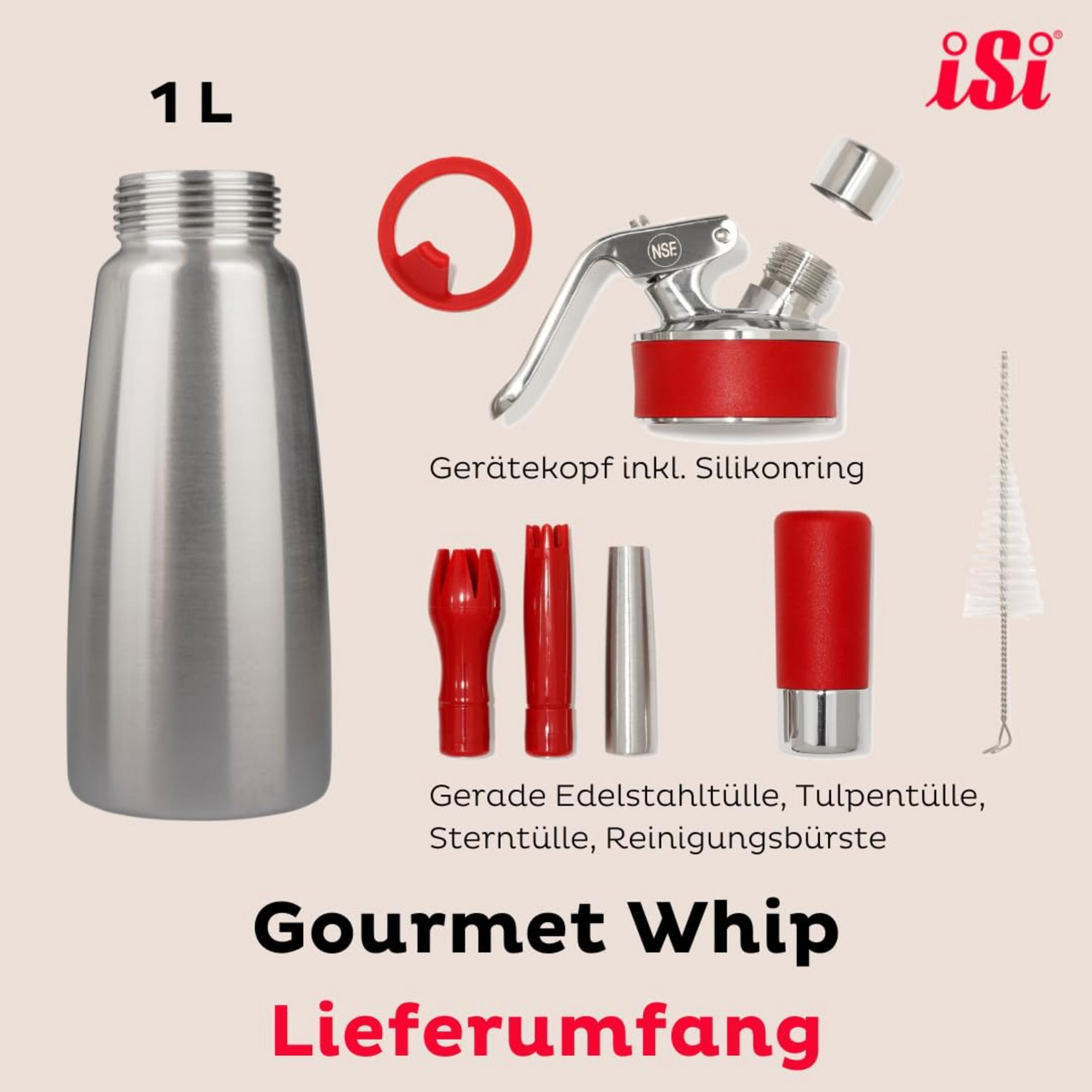 Ein 1-Liter-Sahnespender aus Edelstahl mit Zubehör und dem iSi Logo.