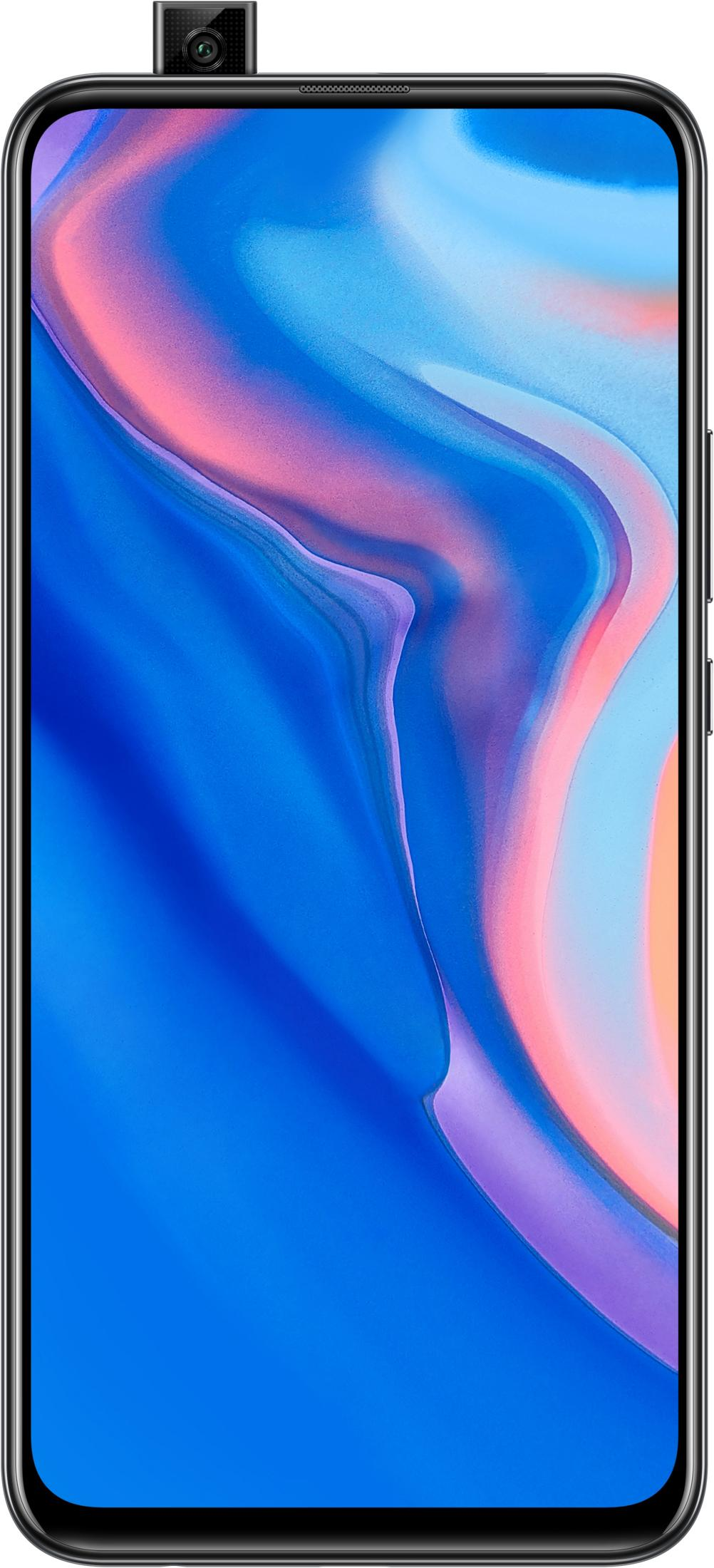 Uno smartphone con fotocamera a scomparsa e sfondo blu e rosa.