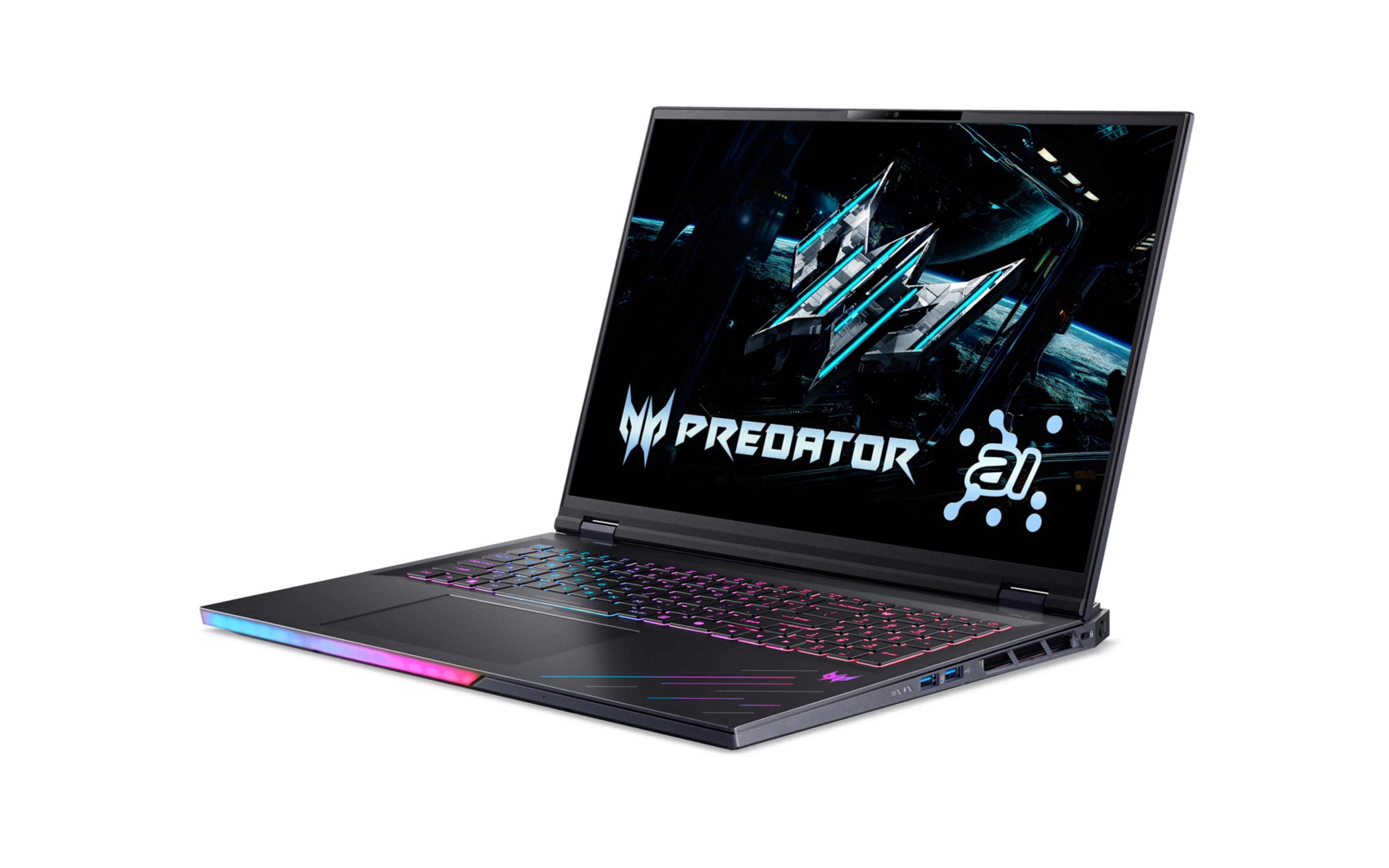 Ein geöffneter schwarzer Laptop mit RGB-Tastatur und beleuchtetem Predator-Logo.