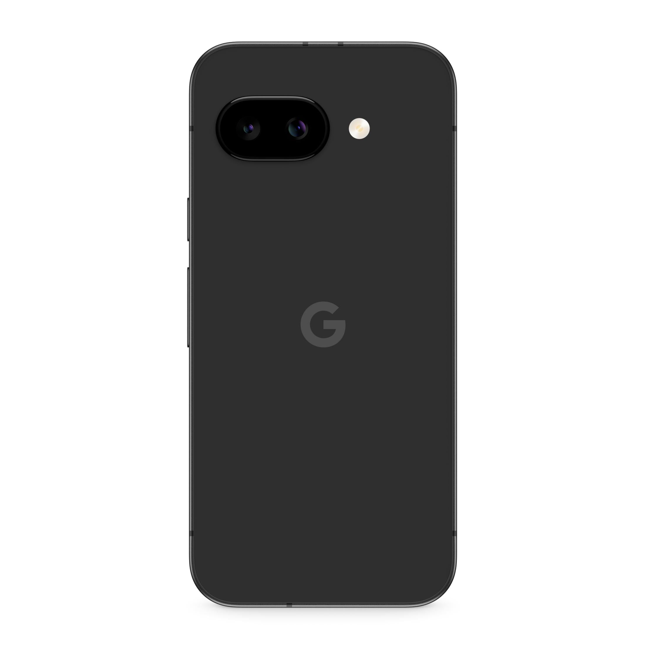 Teléfono Google Pixel negro, vista trasera. Cámara dual, flash y logo de Google.