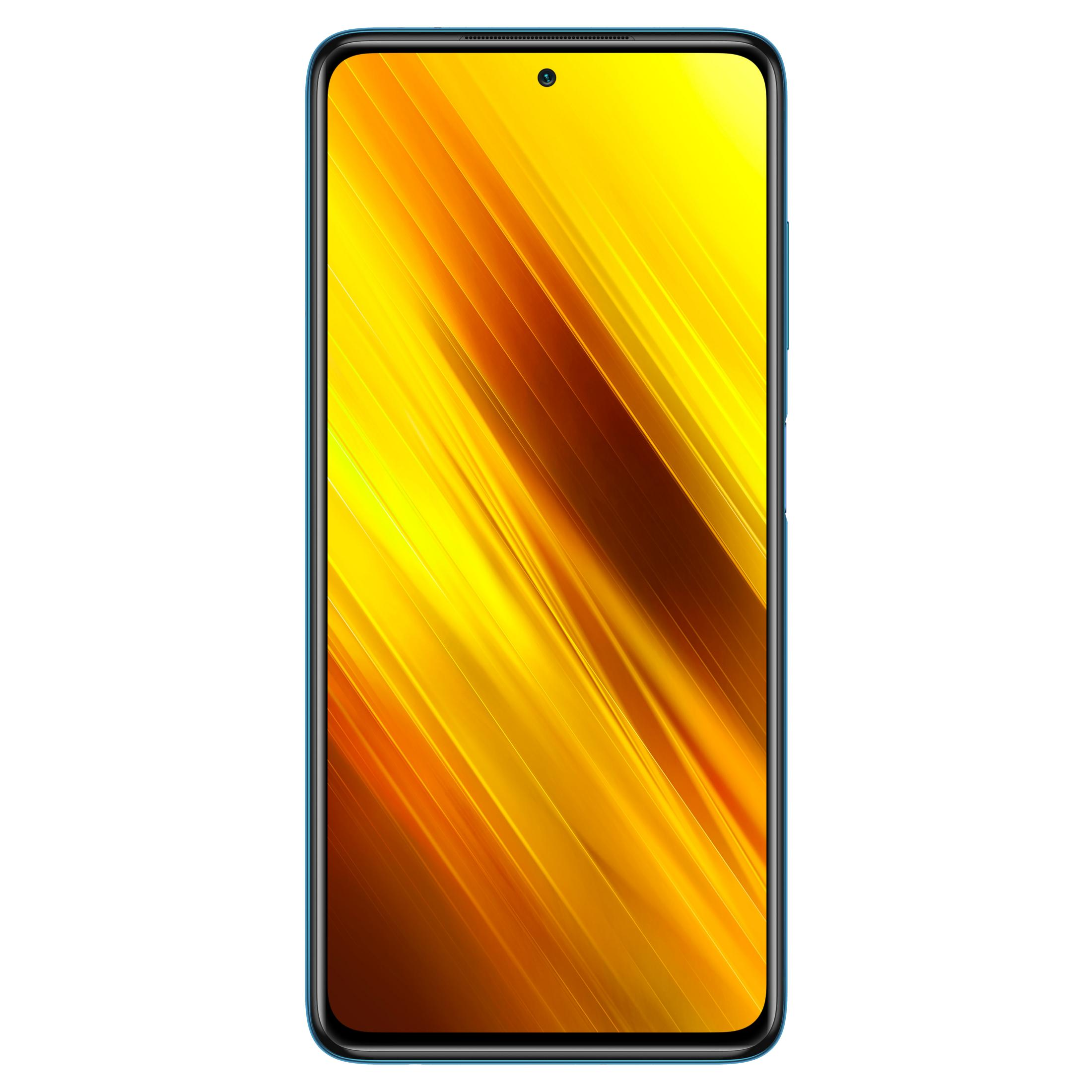 Ein Smartphone mit einem blauen Gehäuse und einem gelben, abstrakten Hintergrund.