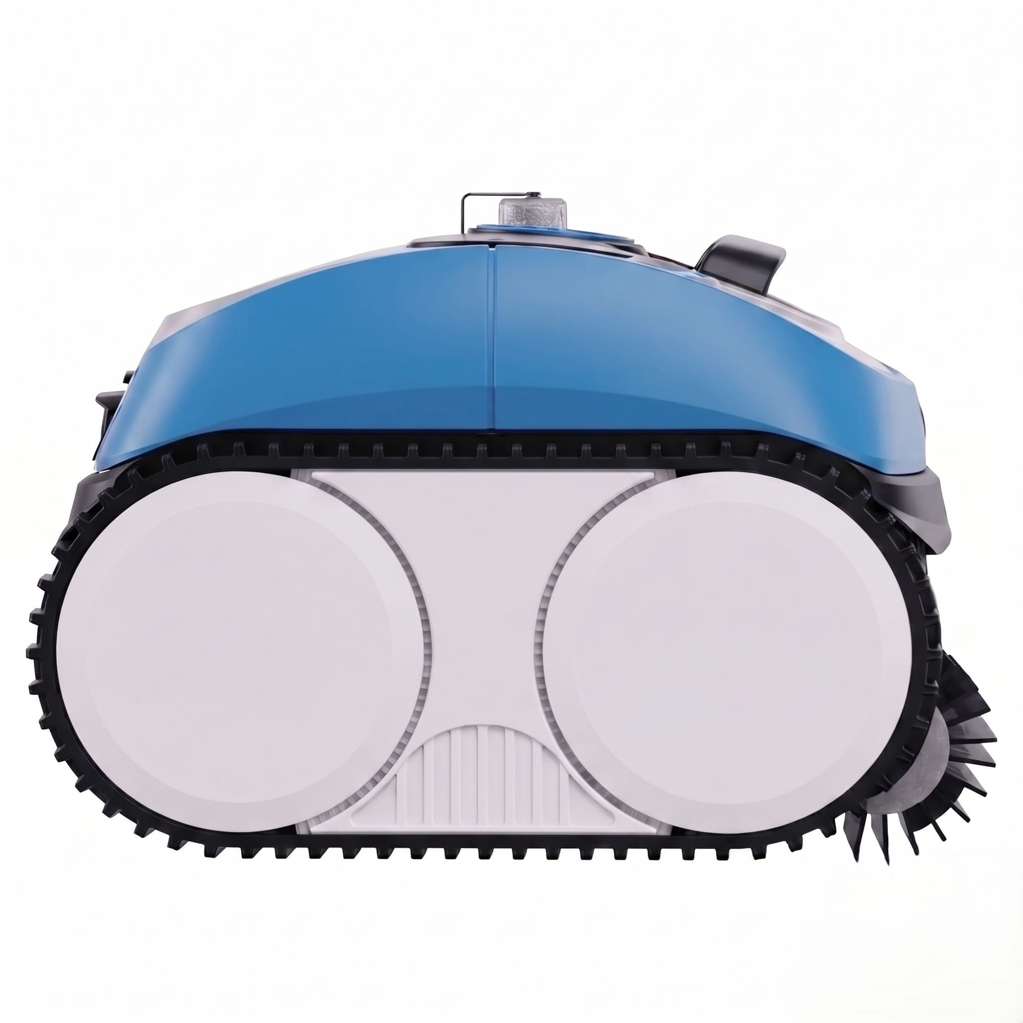 Un robot limpiador de piscinas azul y blanco con ruedas grandes y cepillos.