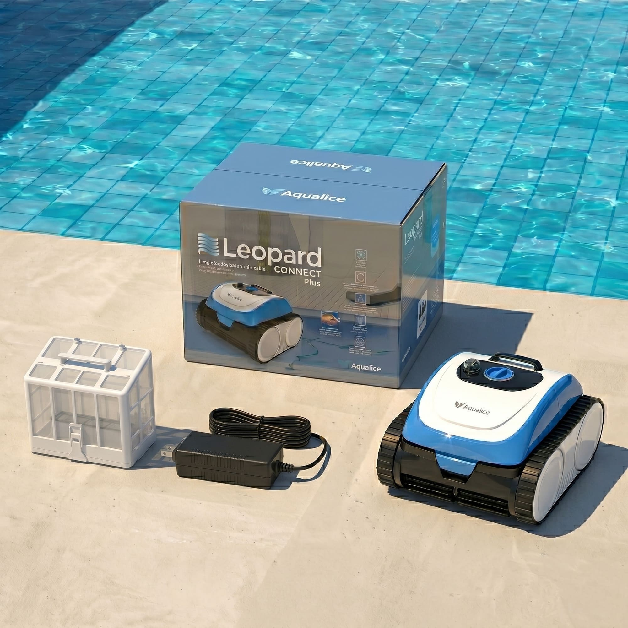 Un limpiador de piscina azul y blanco con accesorios junto a una piscina.