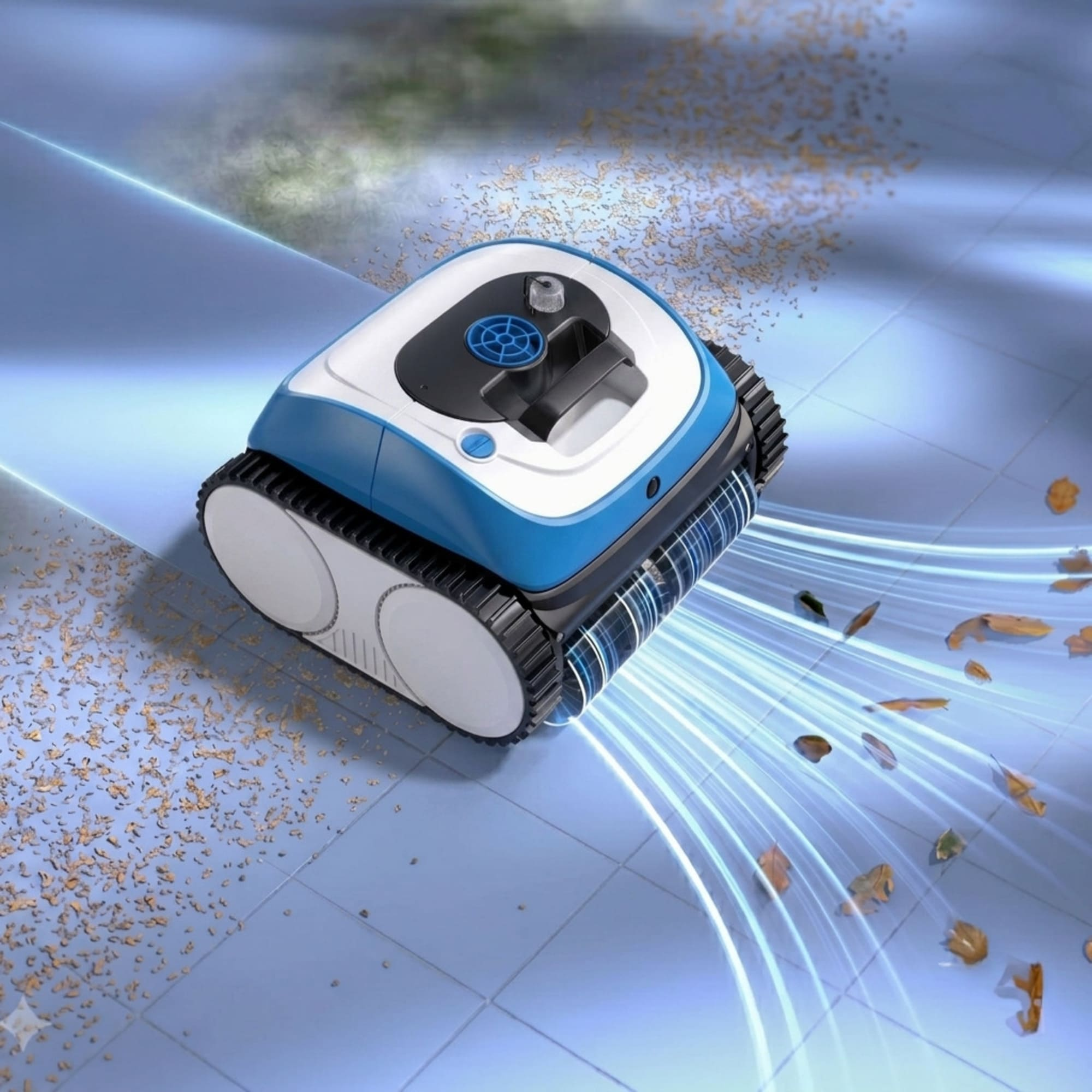 Un robot de piscina azul y blanco limpia hojas del fondo.