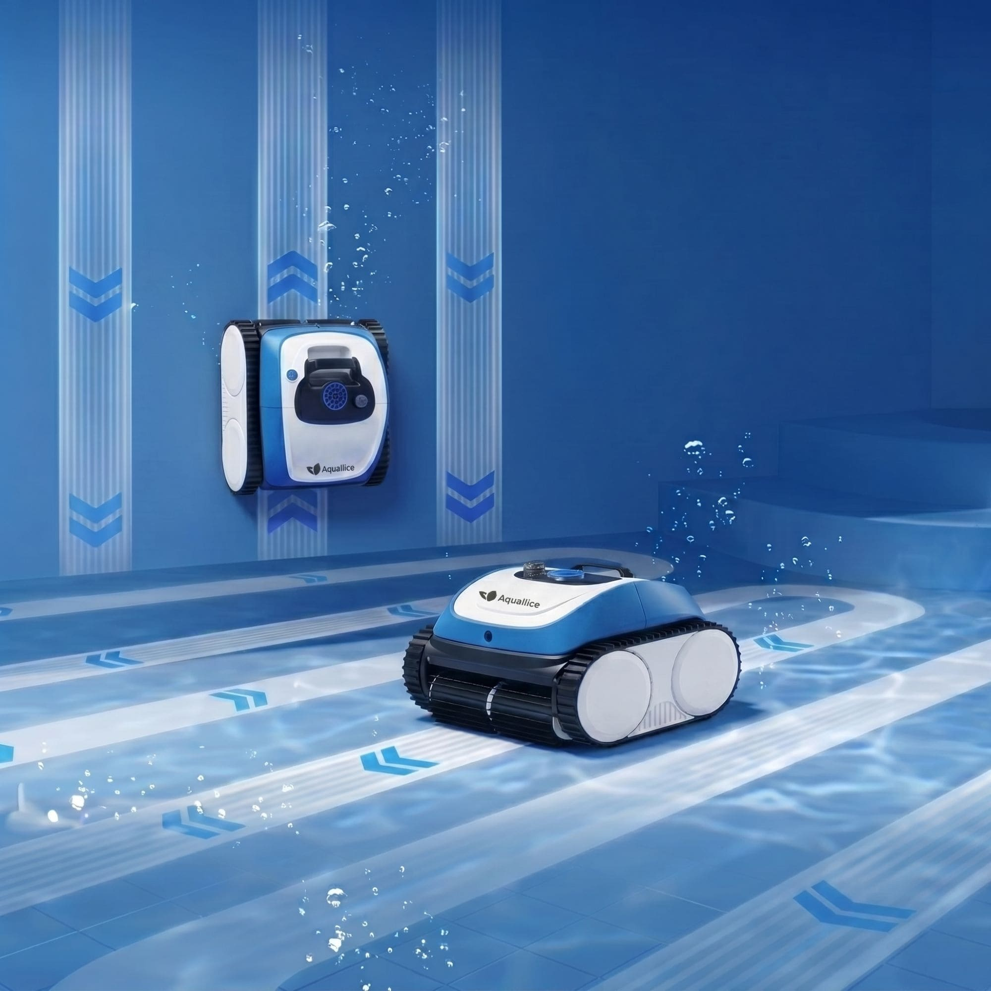 Dos robots limpiadores de piscinas azules y blancos. Uno en el suelo, el otro en la pared.