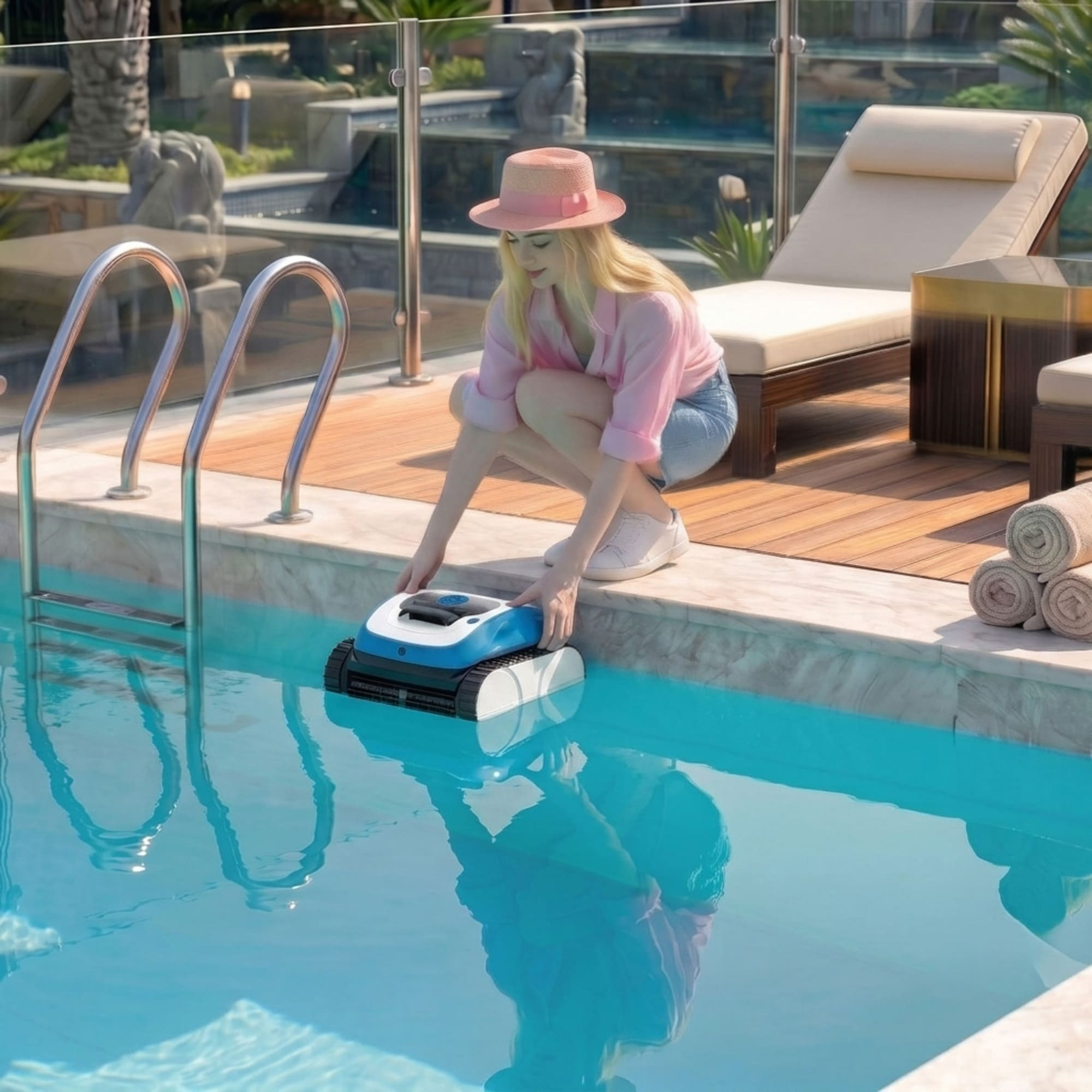 Una mujer coloca un robot limpiafondos azul en el borde de la piscina.