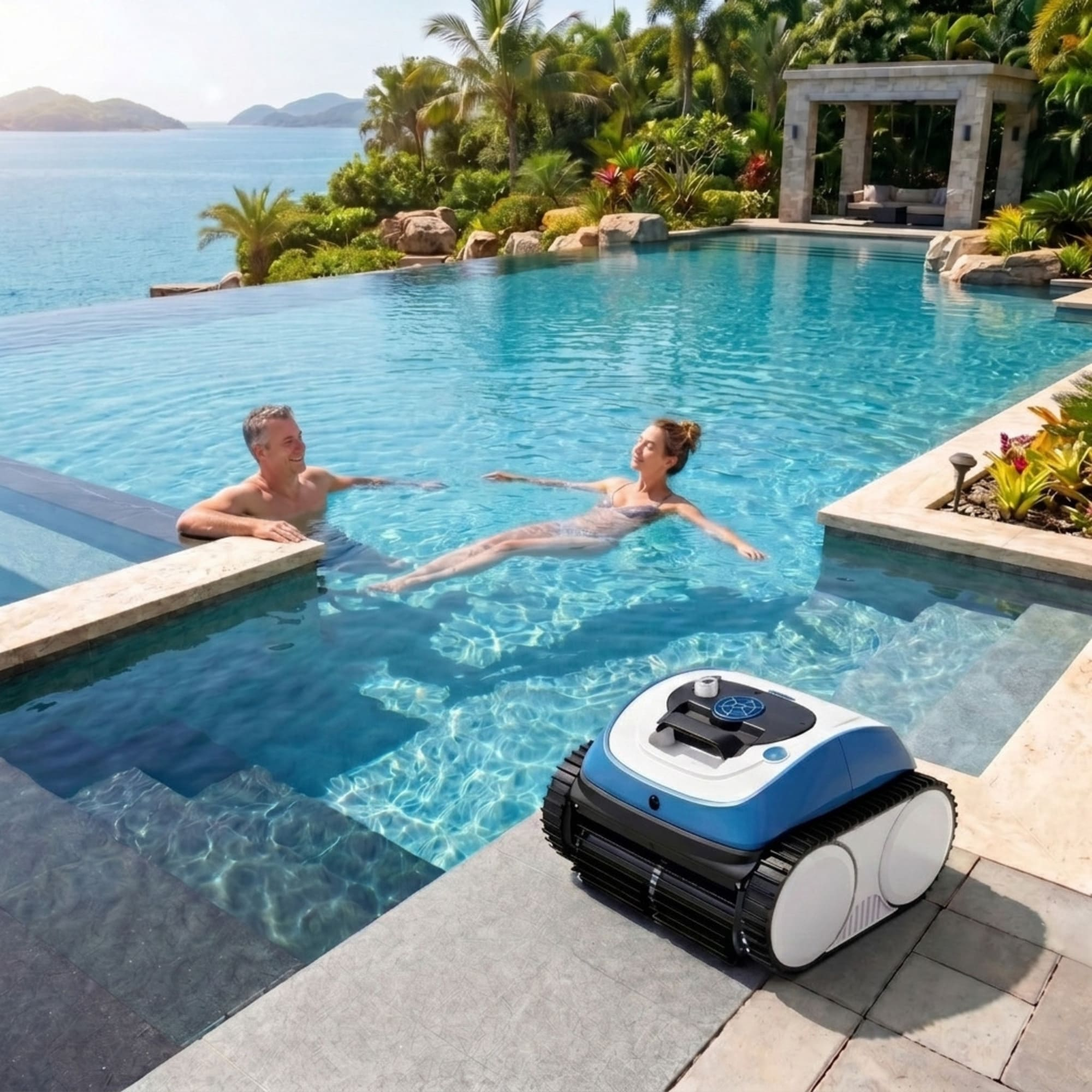 Un hombre y una mujer se relajan en una piscina infinita. Un robot limpiafondos está en el borde.