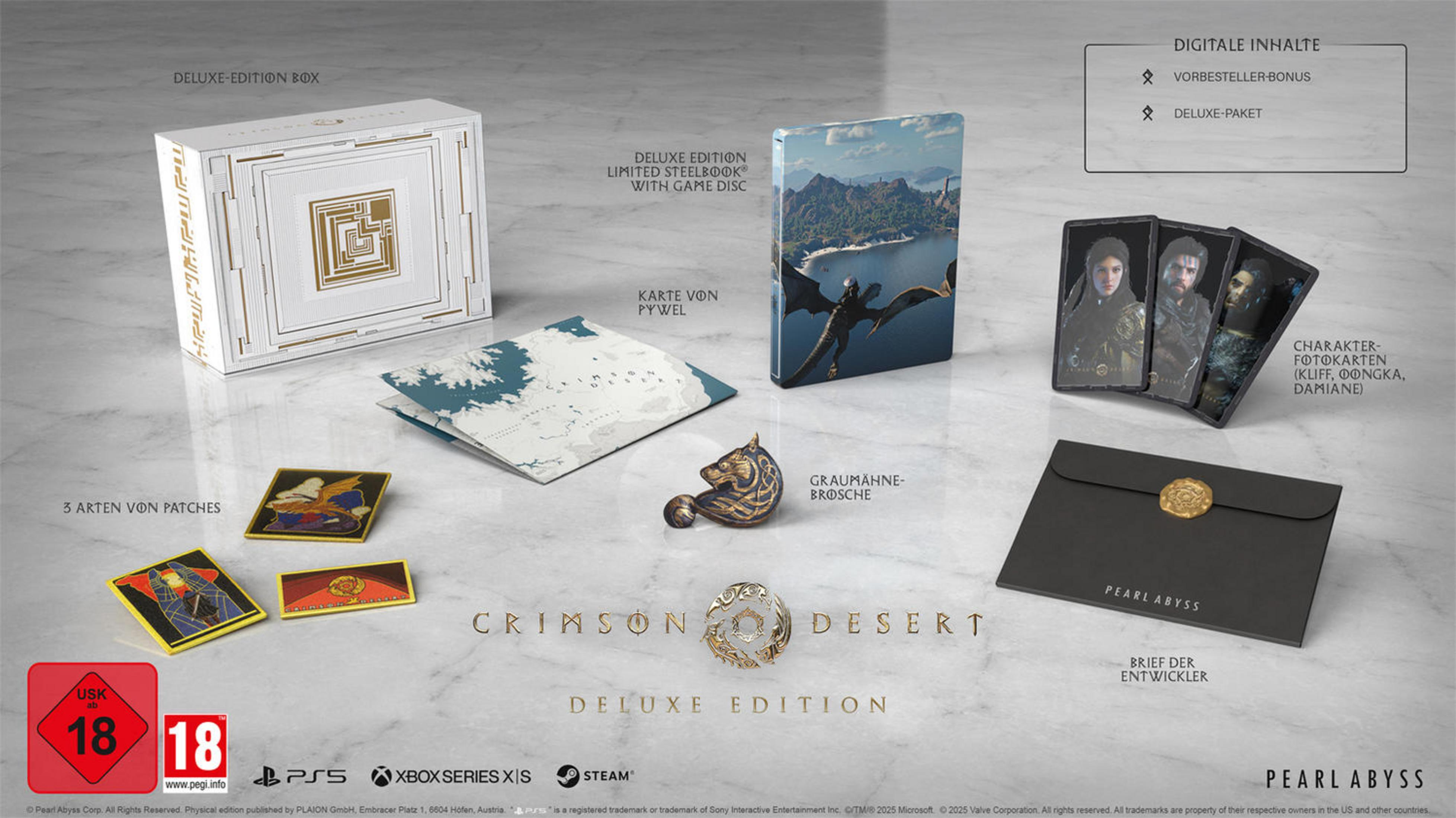 Crimson Desert Édition Deluxe : Boîte, Steelbook, carte, broches, patchs, photos et lettre.